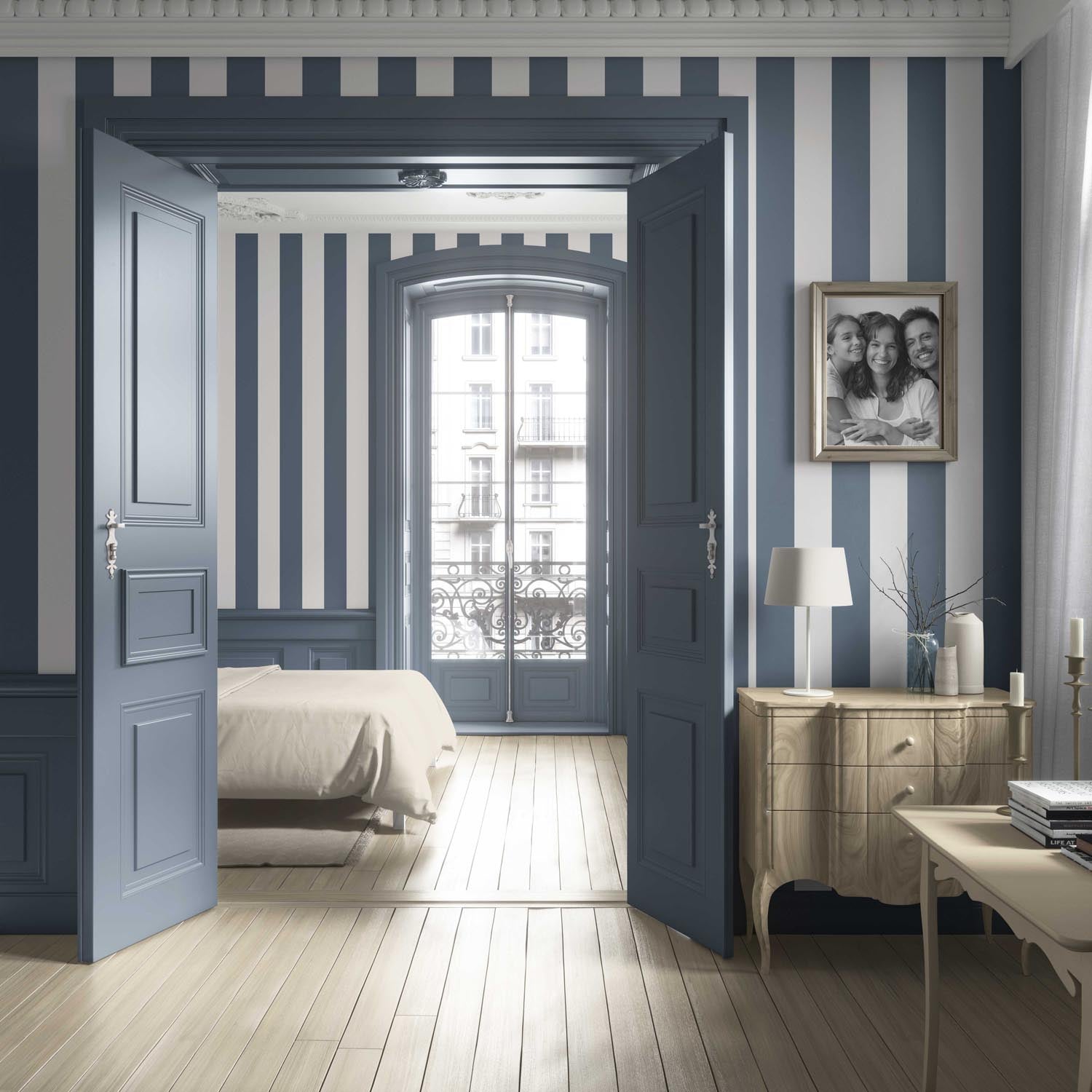 Neutral Geometric Striped Living Room Wallpaper Sample (Slate Blue/ White)