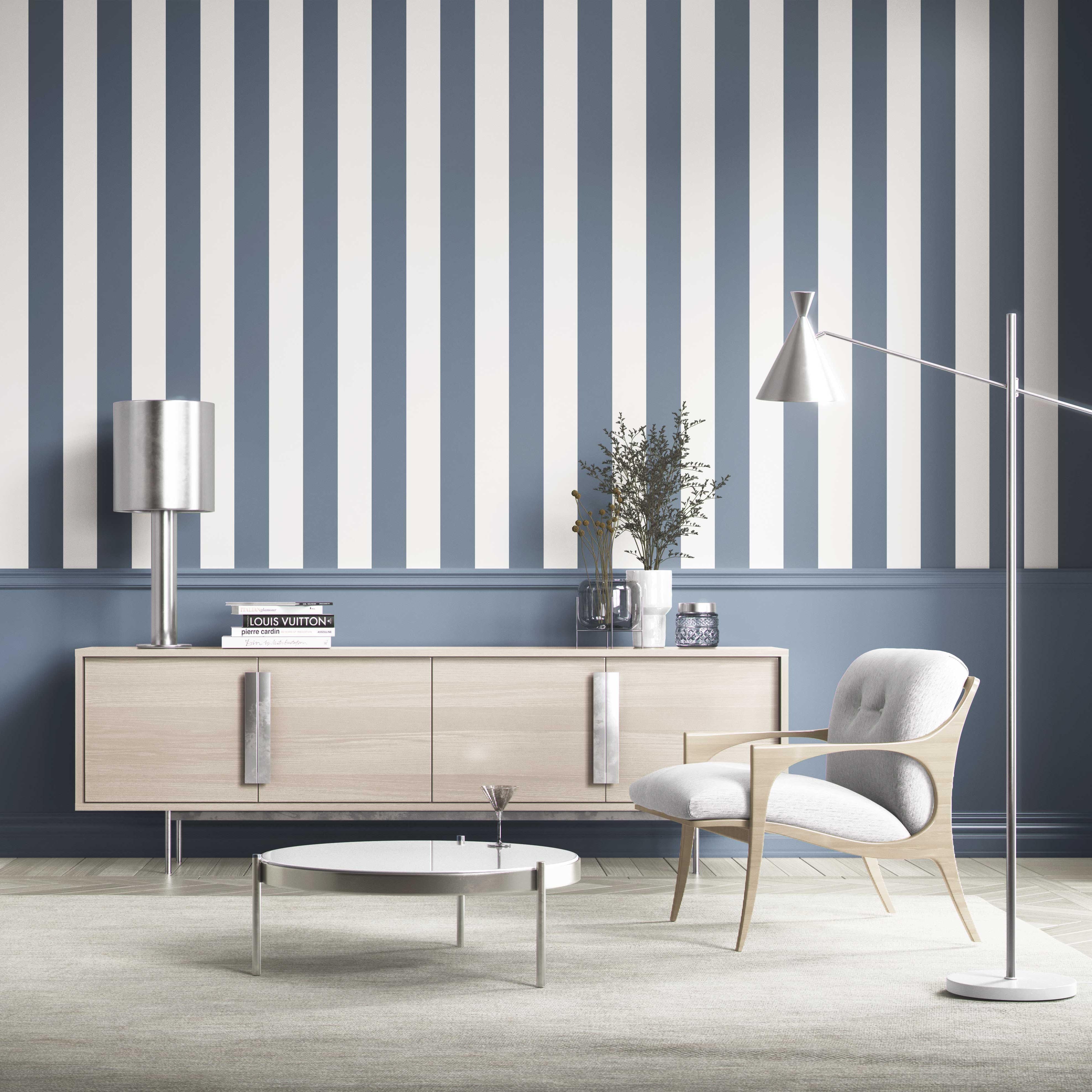 Neutral Geometric Striped Shower Toilet Wallpaper Sample (Slate Blue/ White)
