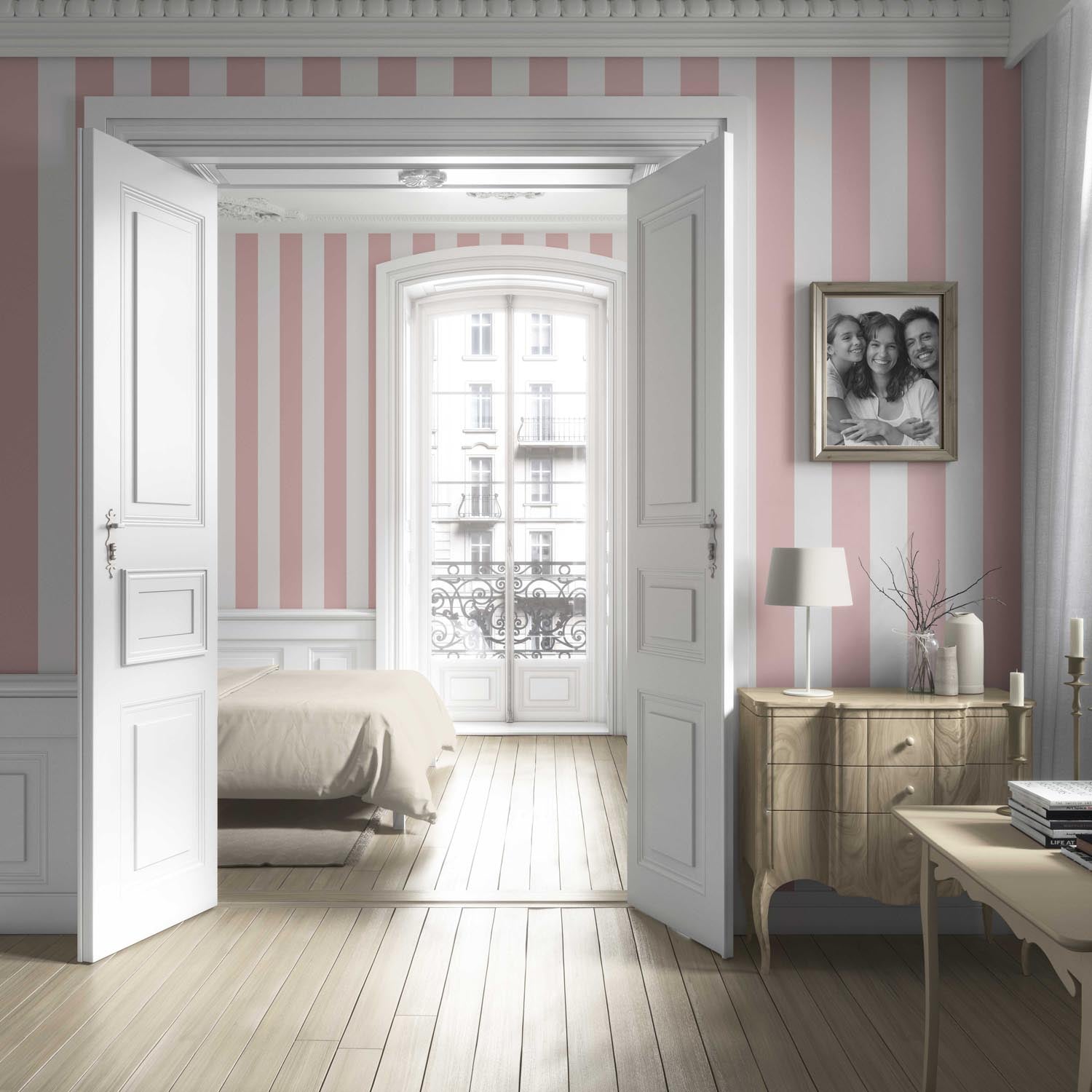 Geometric Striped Living Room Wallpaper Sample (Blush Pink/ White)