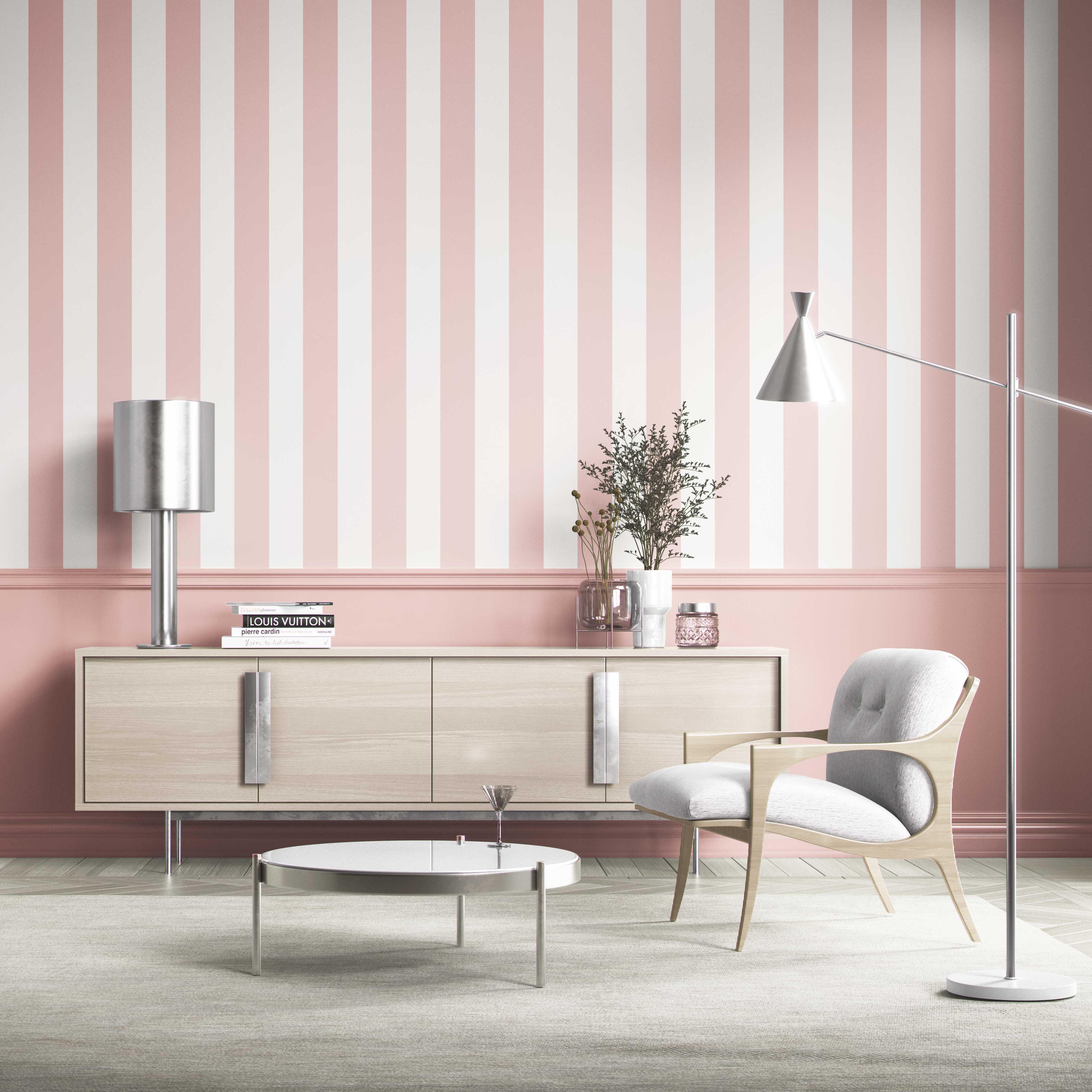 Geometric Striped Shower Toilet Wallpaper Sample (Blush Pink/ White)