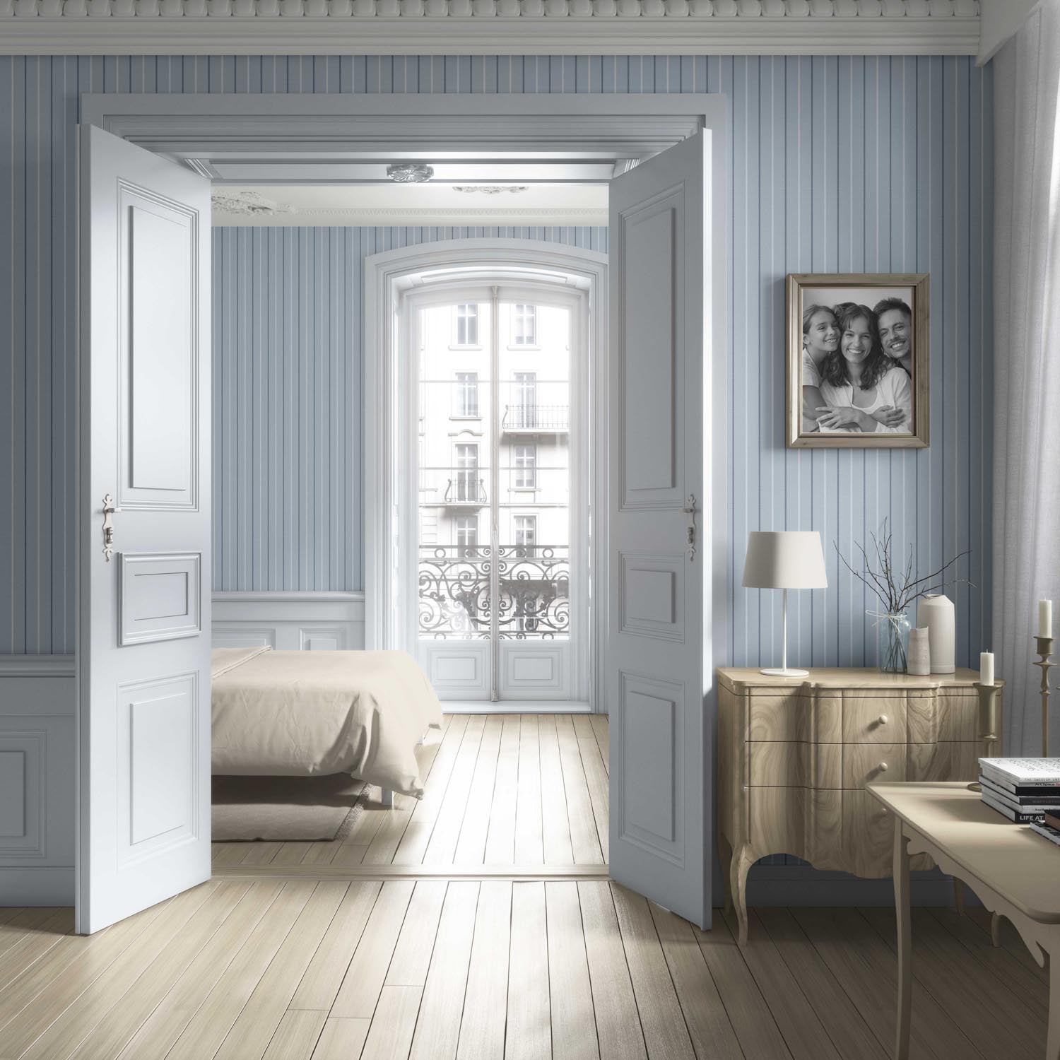 Geometric Striped Living Room Wallpaper Sample (Blue)