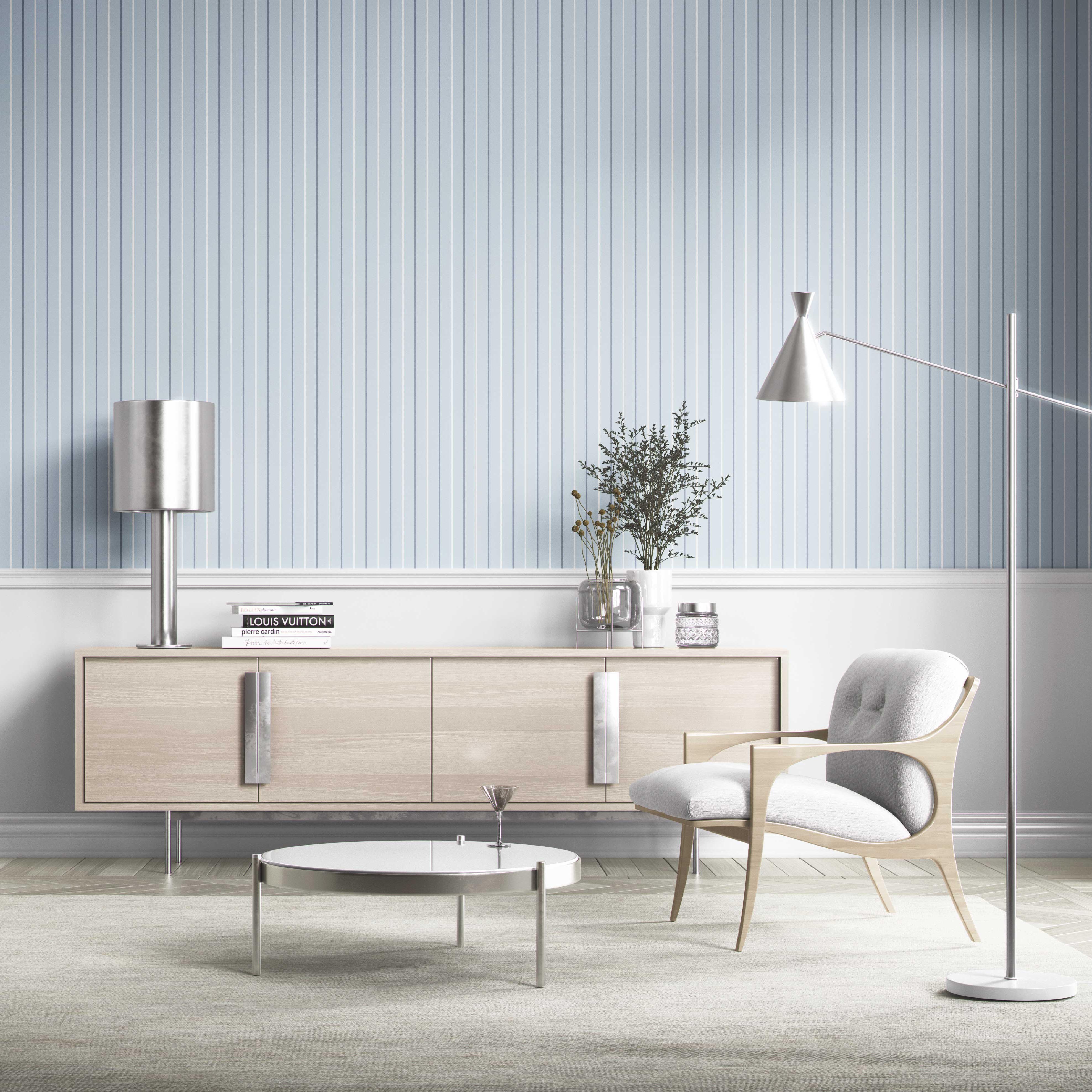 Geometric Striped Bathroom Wallpaper Sample (Blue)