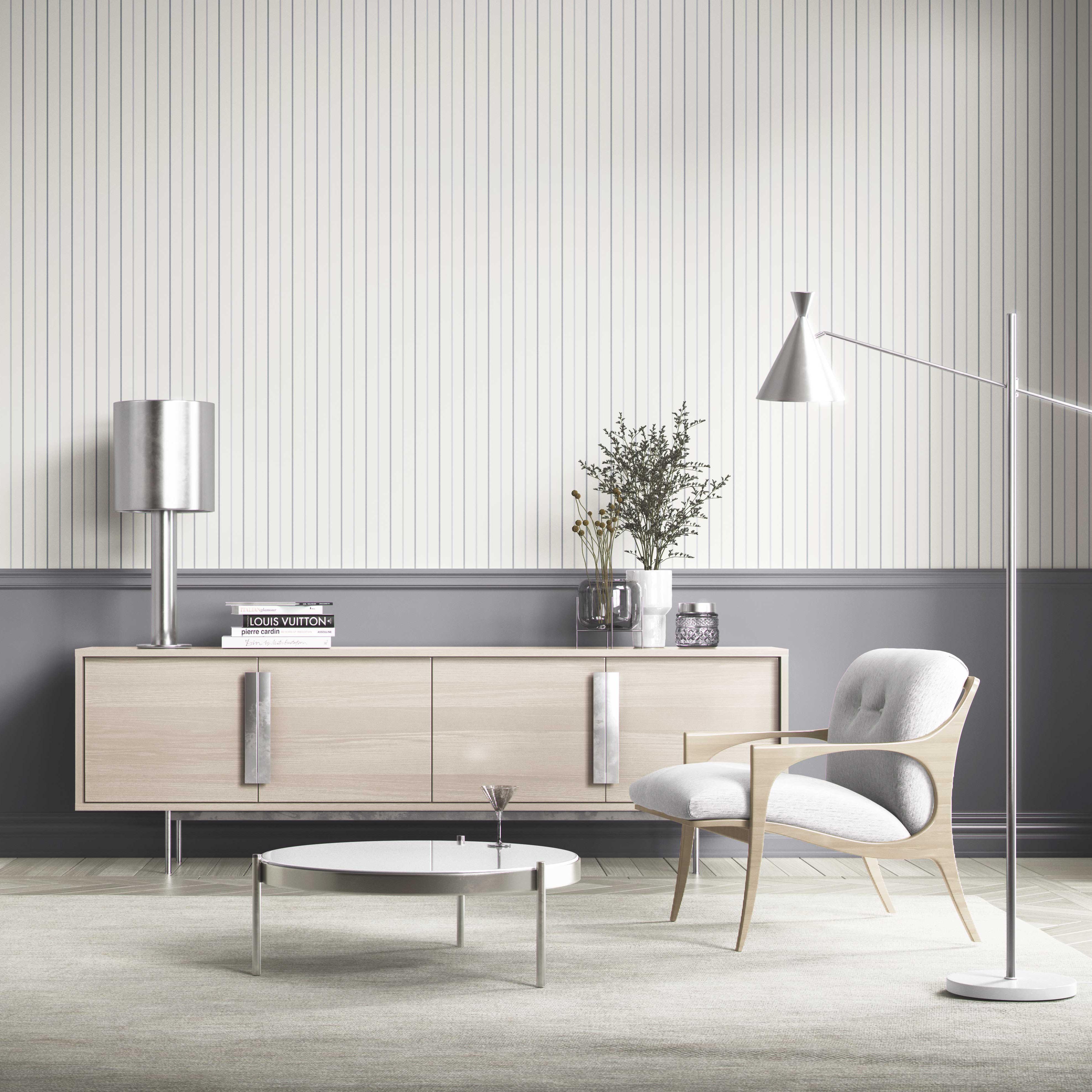 Neutral Geometric Striped Bathroom Wallpaper (Cream/ White/ Gray)