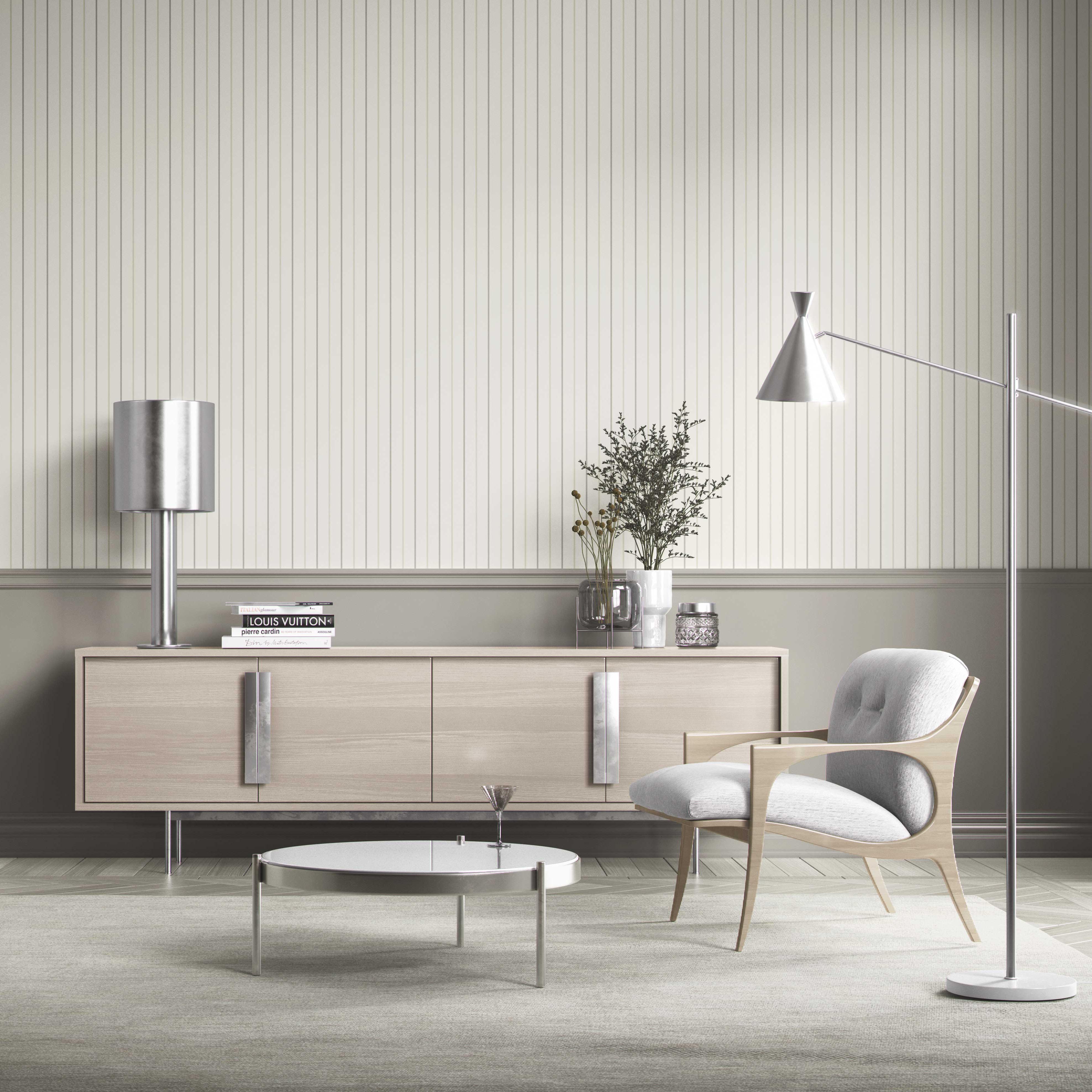 Neutral Geometric Striped Bathroom Wallpaper (Sage Gray/ Beige/ Cream)