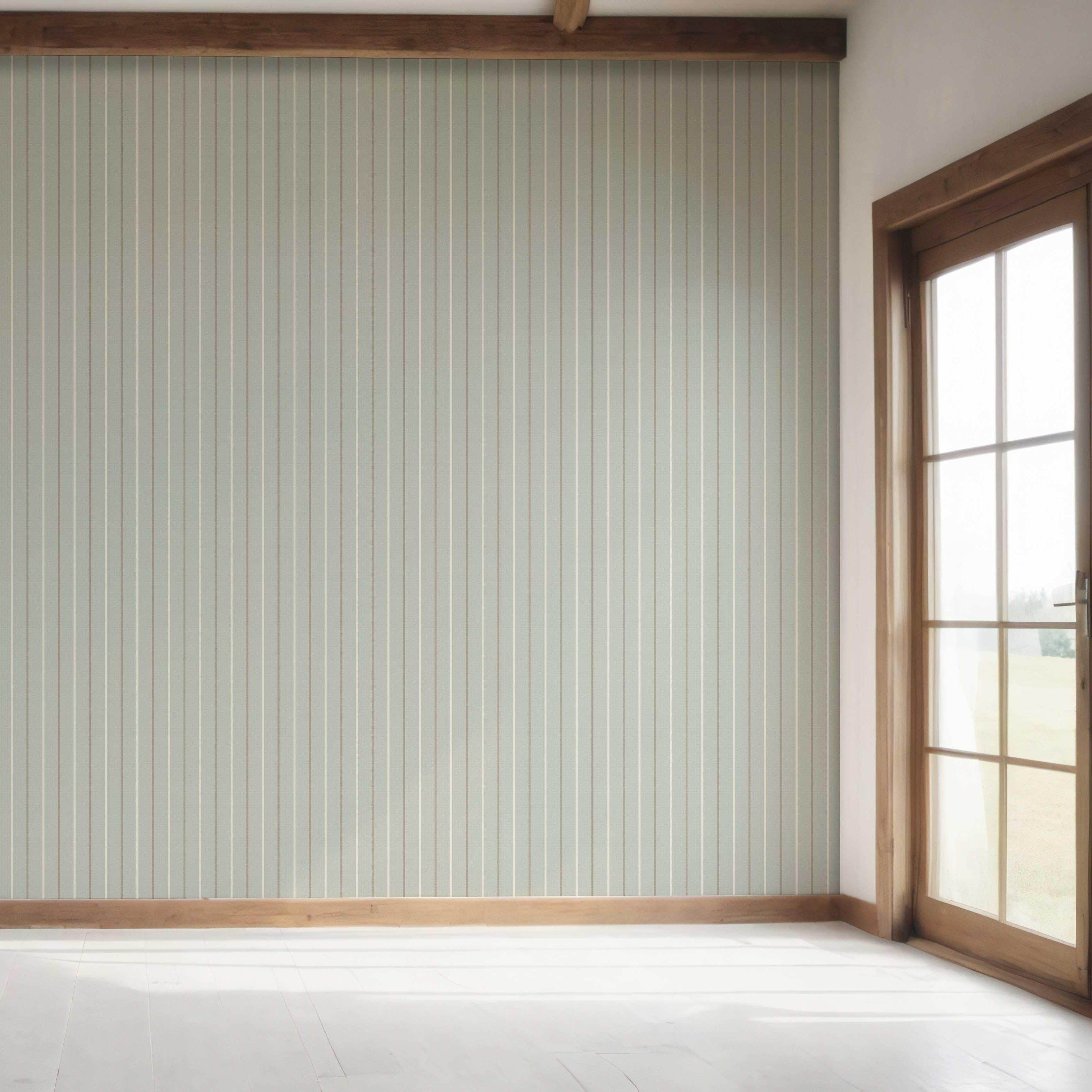 Neutral Geometric Striped Bedroom Wallpaper Sample (Green-Gray)