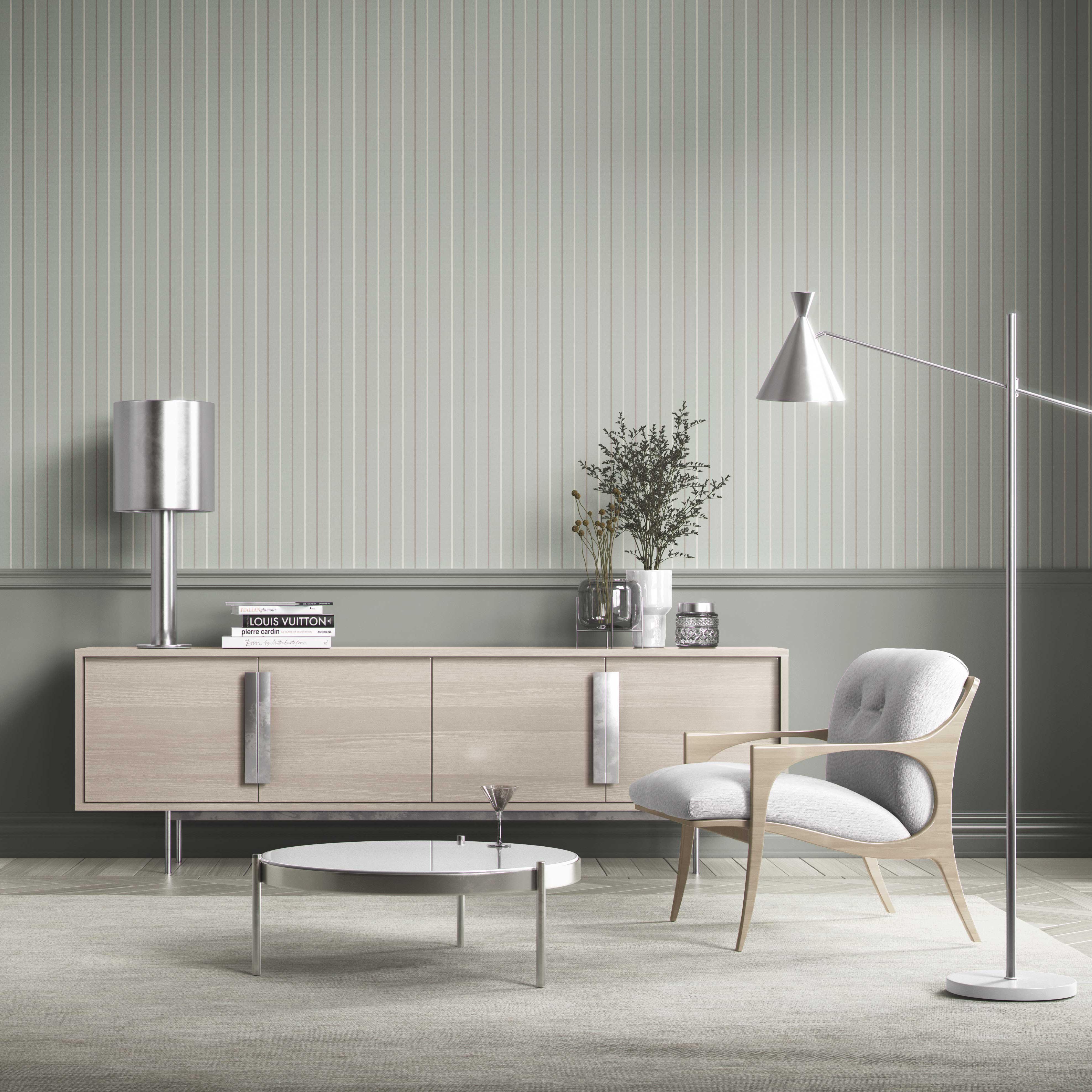 Neutral Geometric Striped Bathroom Wallpaper Sample (Green-Gray)