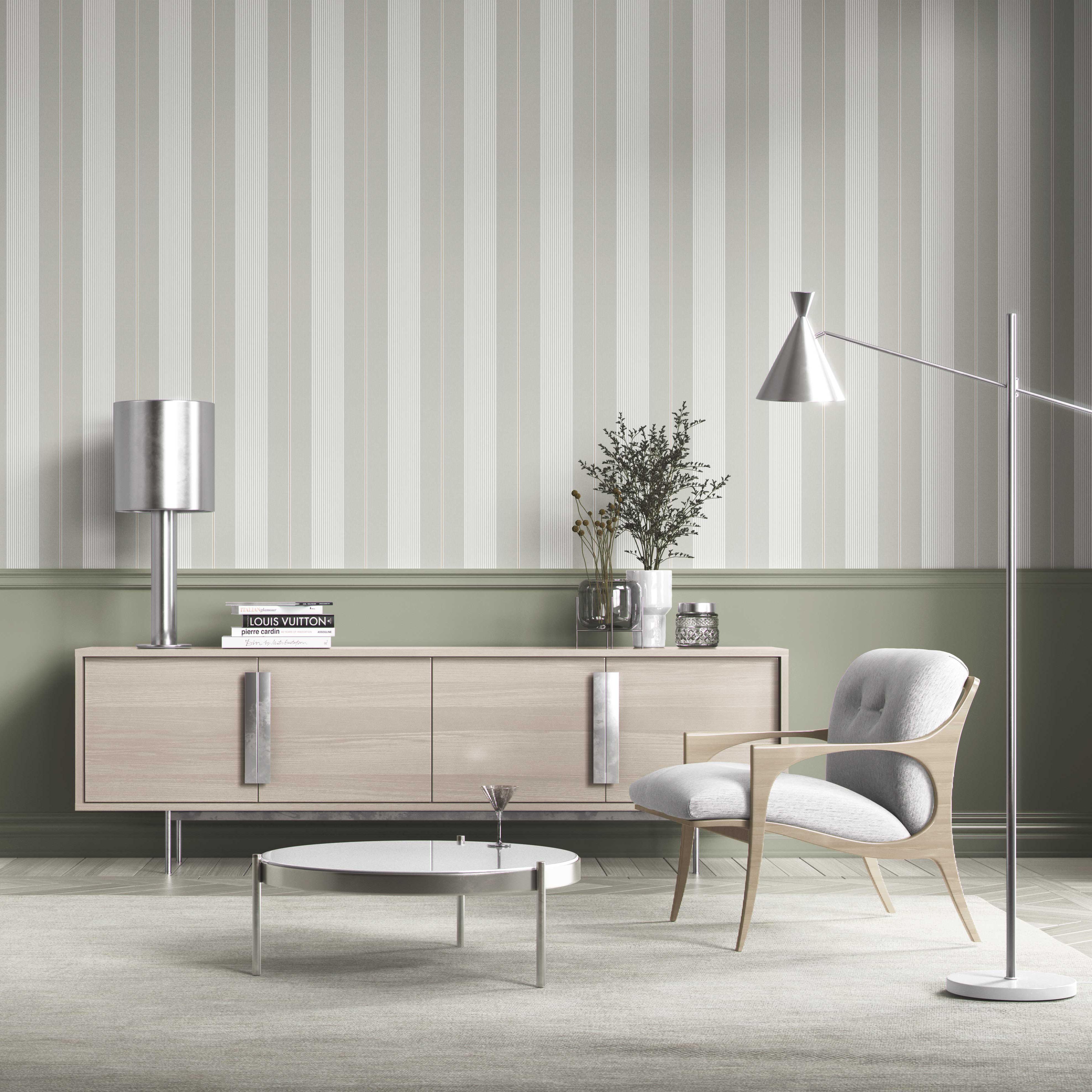 Neutral Geometric Striped Kitchen Wallpaper (Gray-Green)