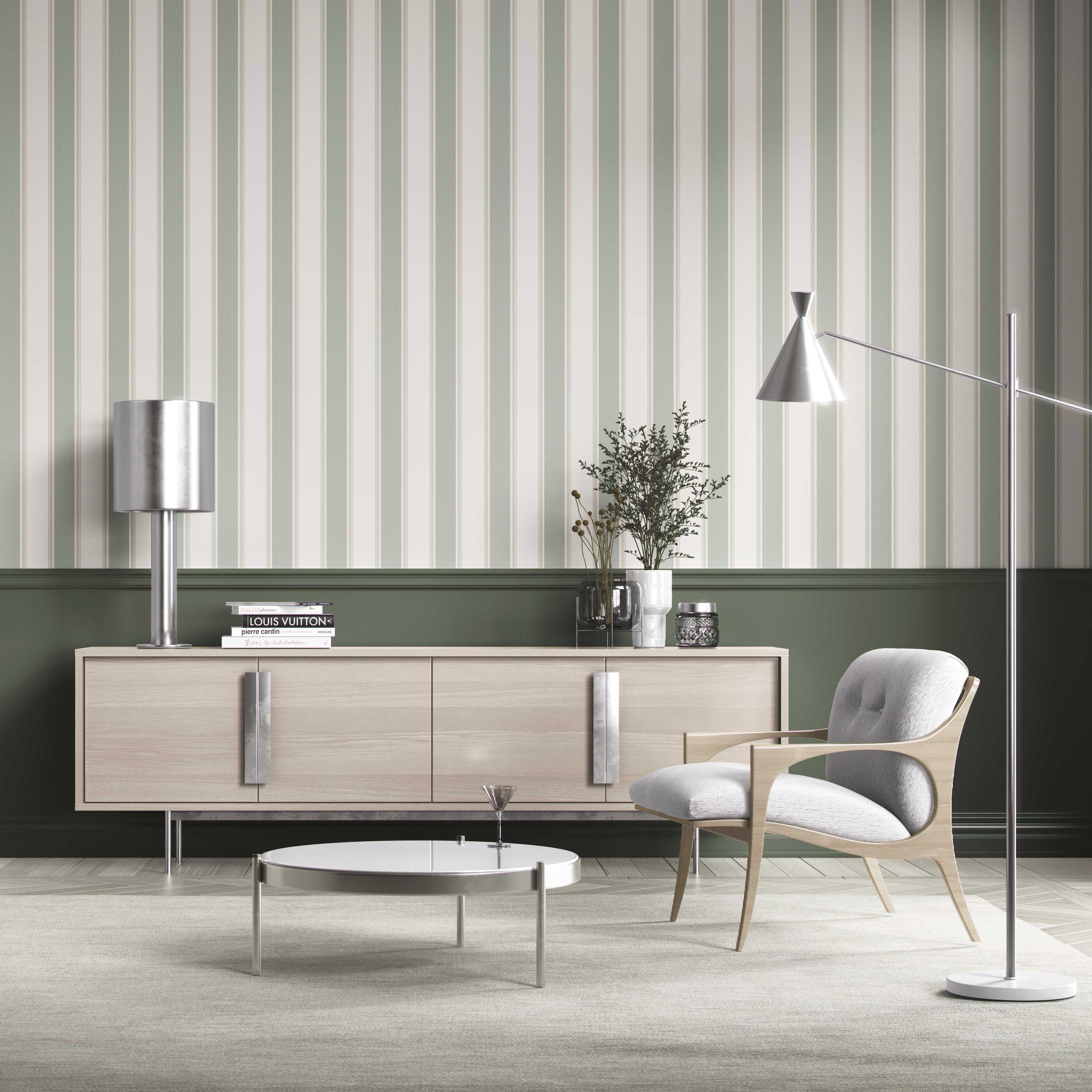Geometric Striped Shower Toilet Wallpaper Sample (Sage Green)