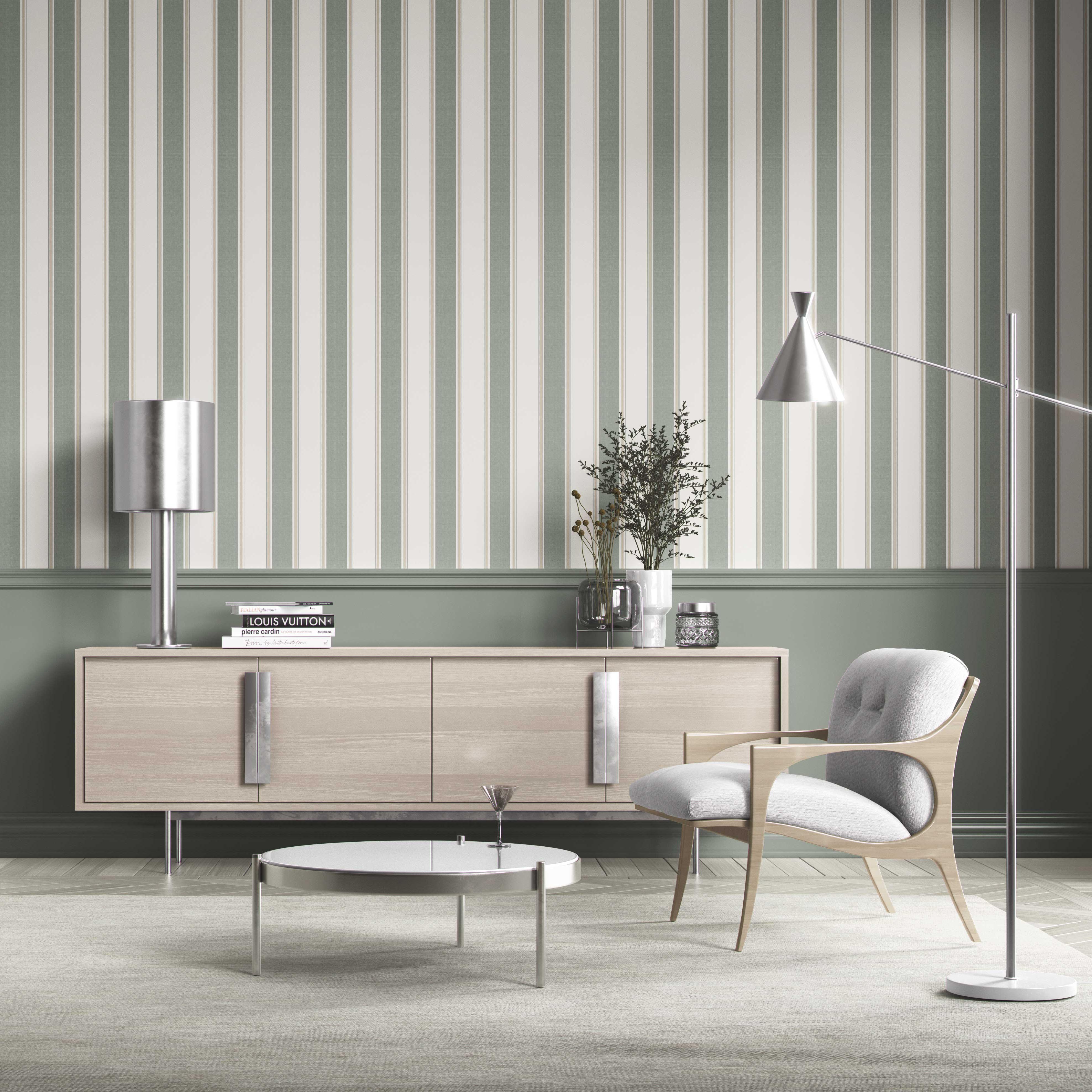 Geometric Striped Shower Toilet Wallpaper Sample (Gray-Green)