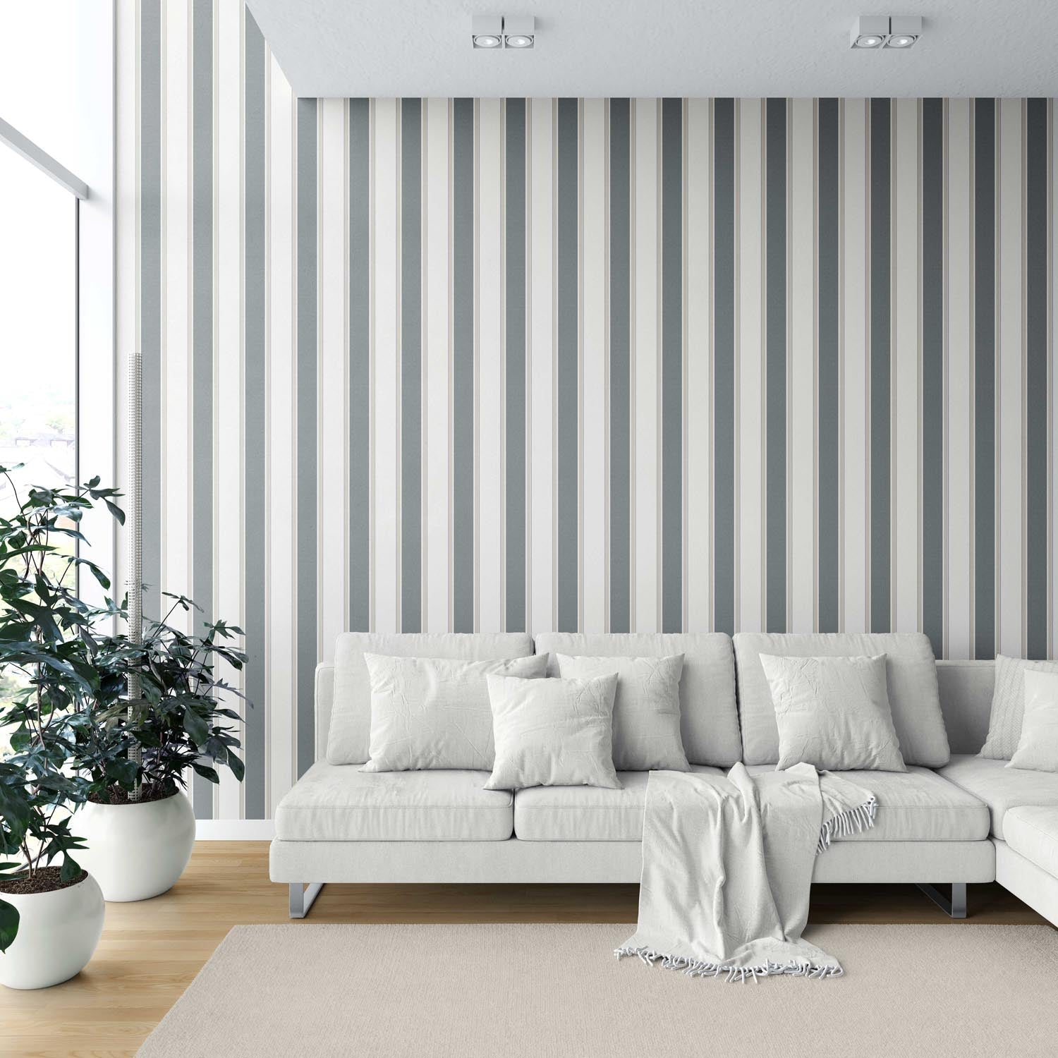 Neutral Geometric Striped Kitchen Wallpaper (Slate Blue/ Gray)