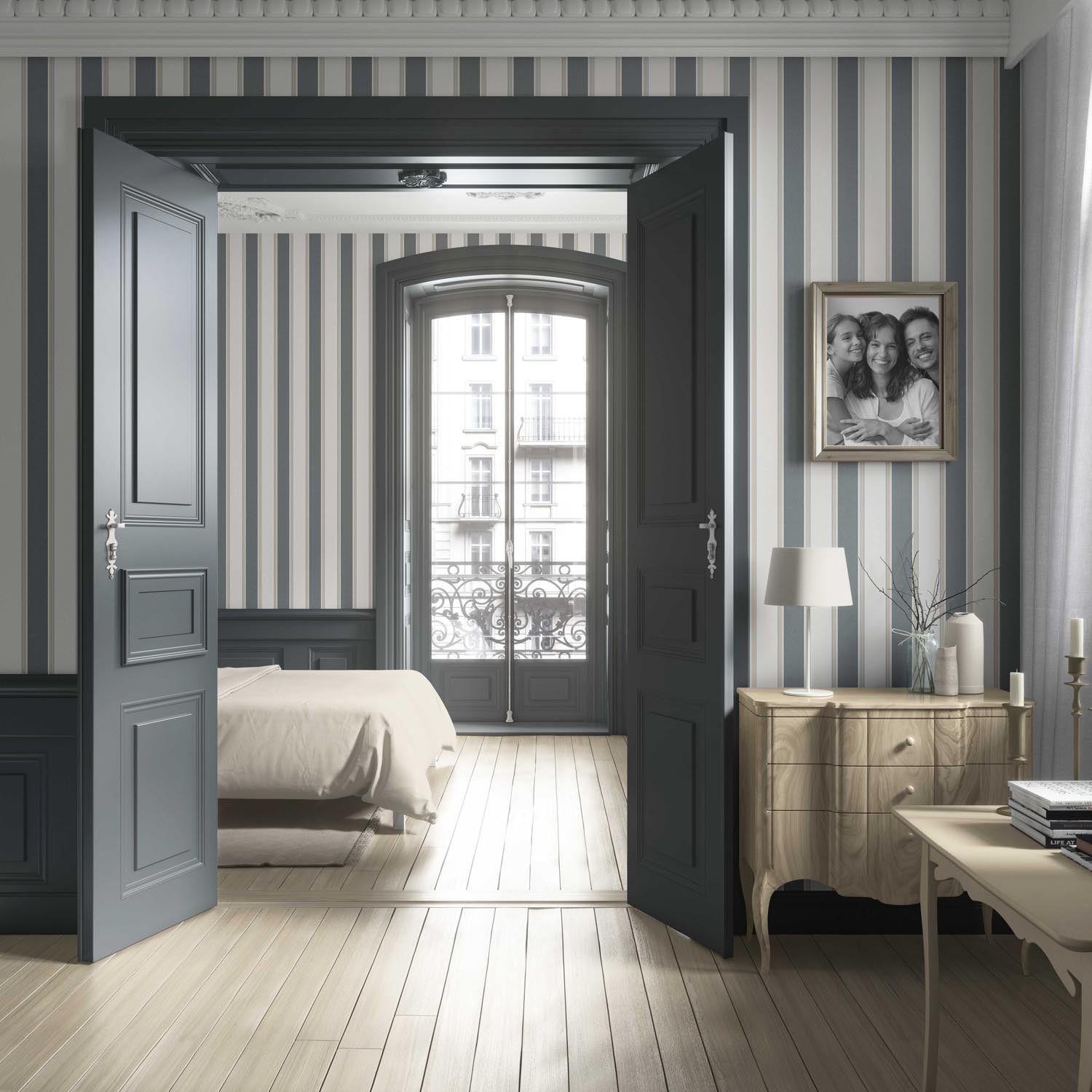Neutral Geometric Striped Living Room Wallpaper (Slate Blue/ Gray)