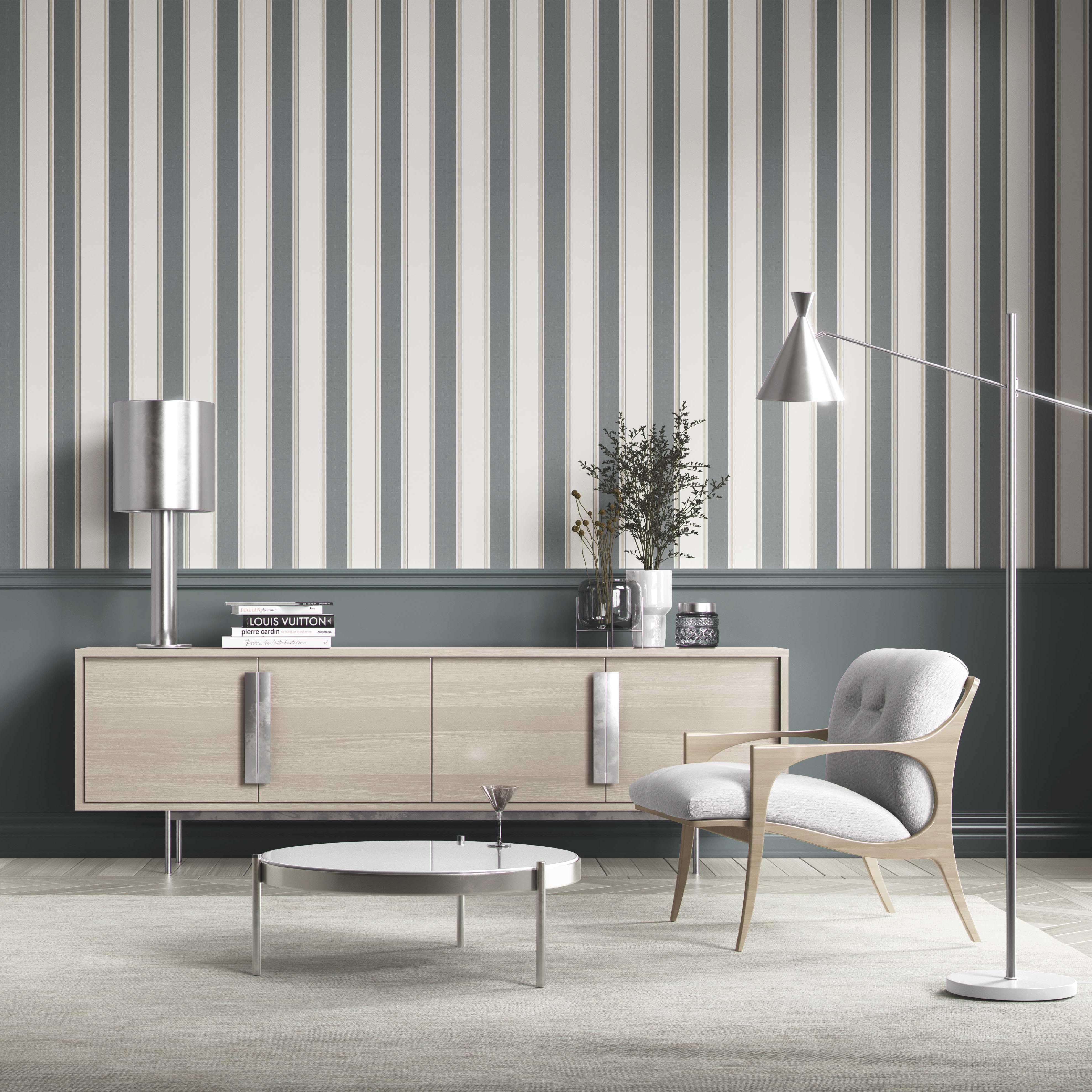 Neutral Geometric Striped Shower Toilet Wallpaper (Slate Blue/ Gray)