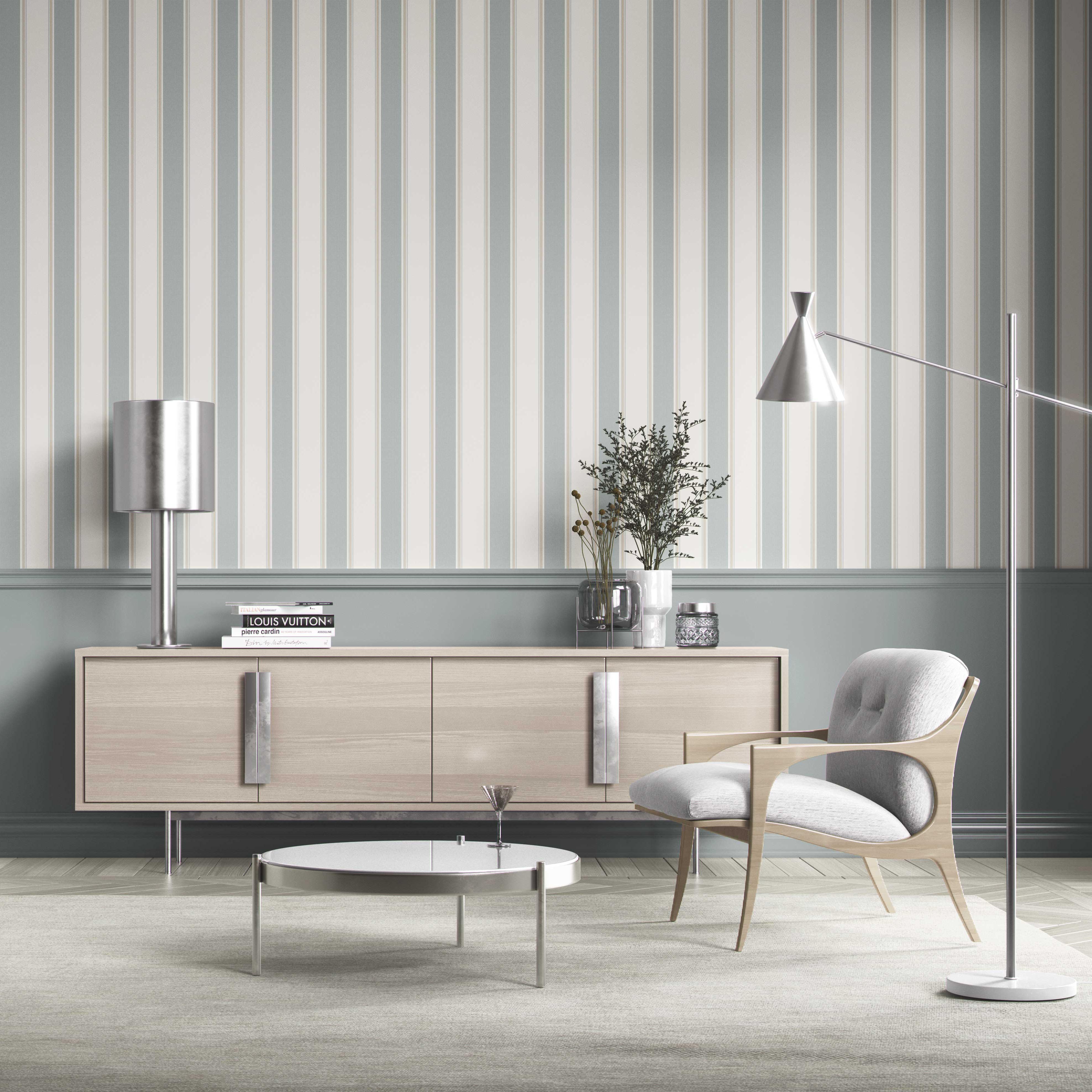 Geometric Striped Shower Toilet Wallpaper Sample (Mint Green/ Gray)