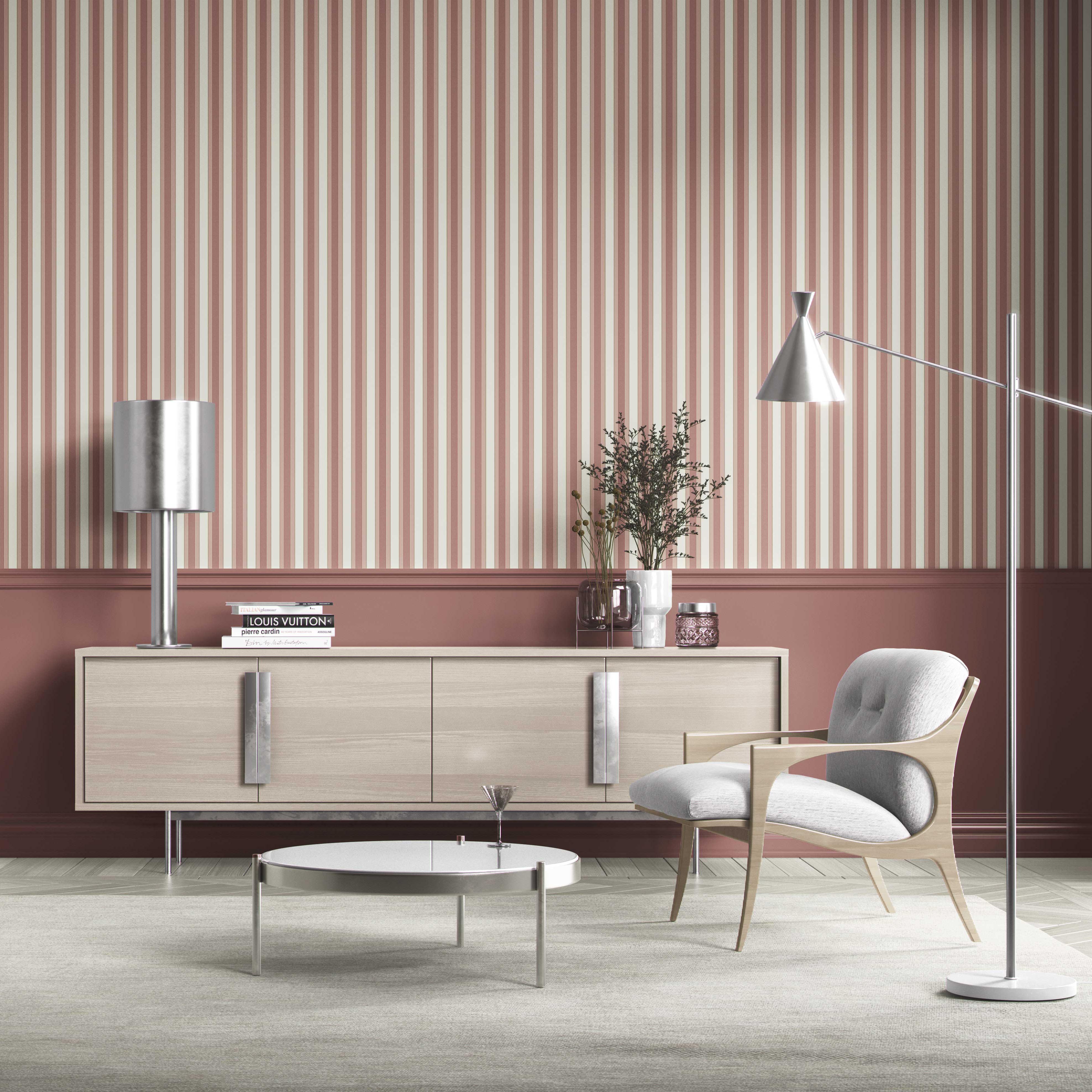 Geometric Striped Shower Toilet Wallpaper Sample (Brick Red/ Dusty Pink)