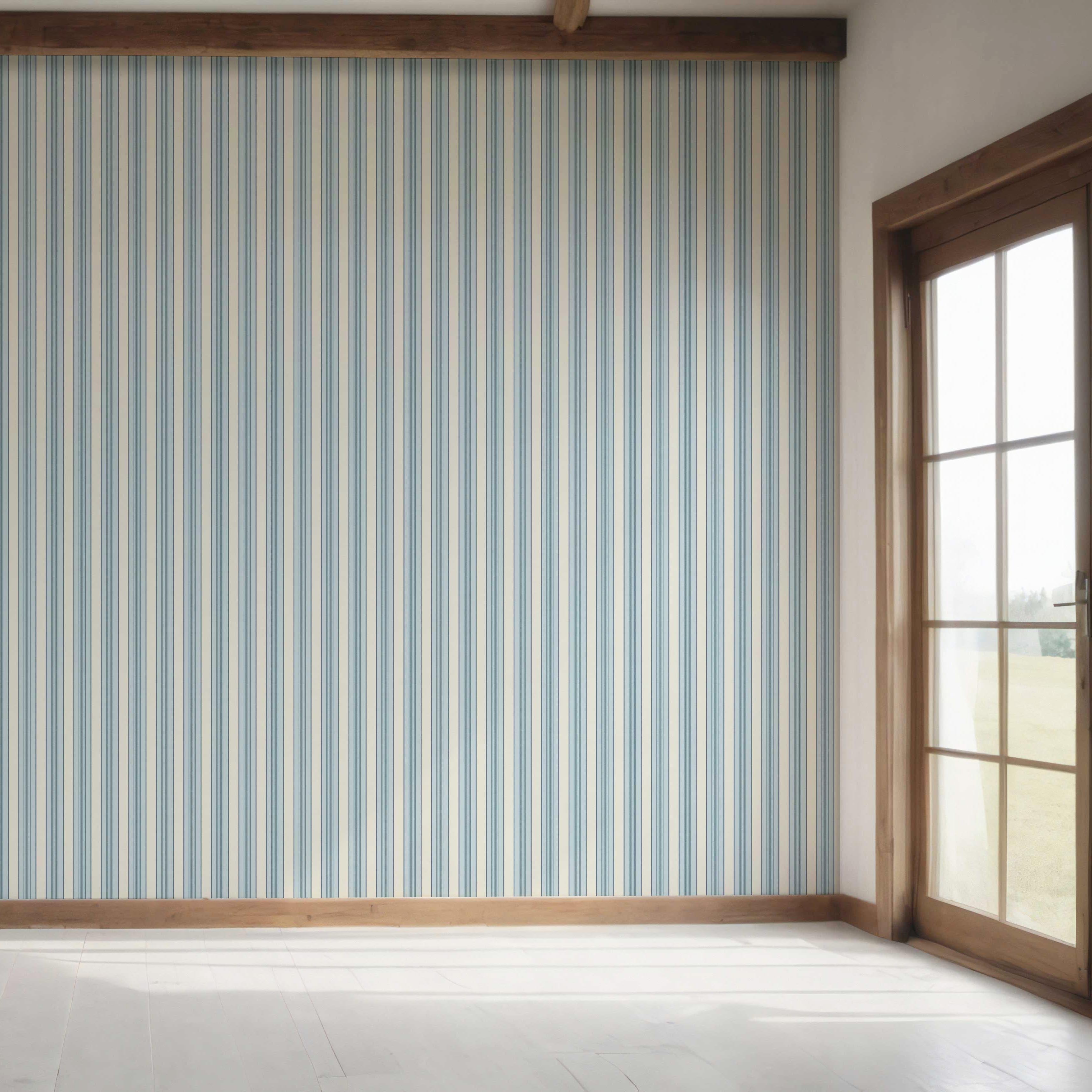 Geometric Striped Bedroom Wallpaper (Blue/ Cream)