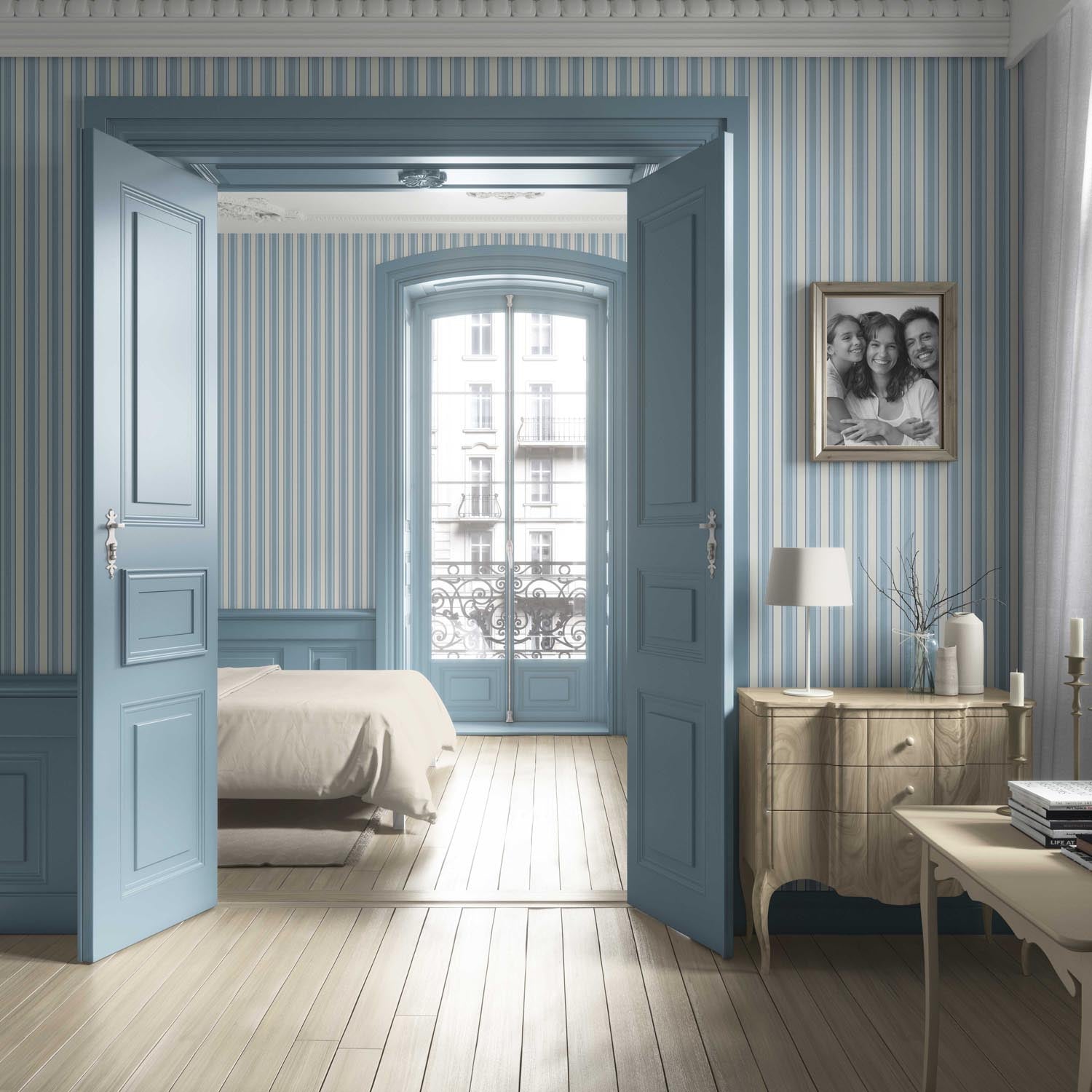 Geometric Striped Living Room Wallpaper (Blue/ Cream)