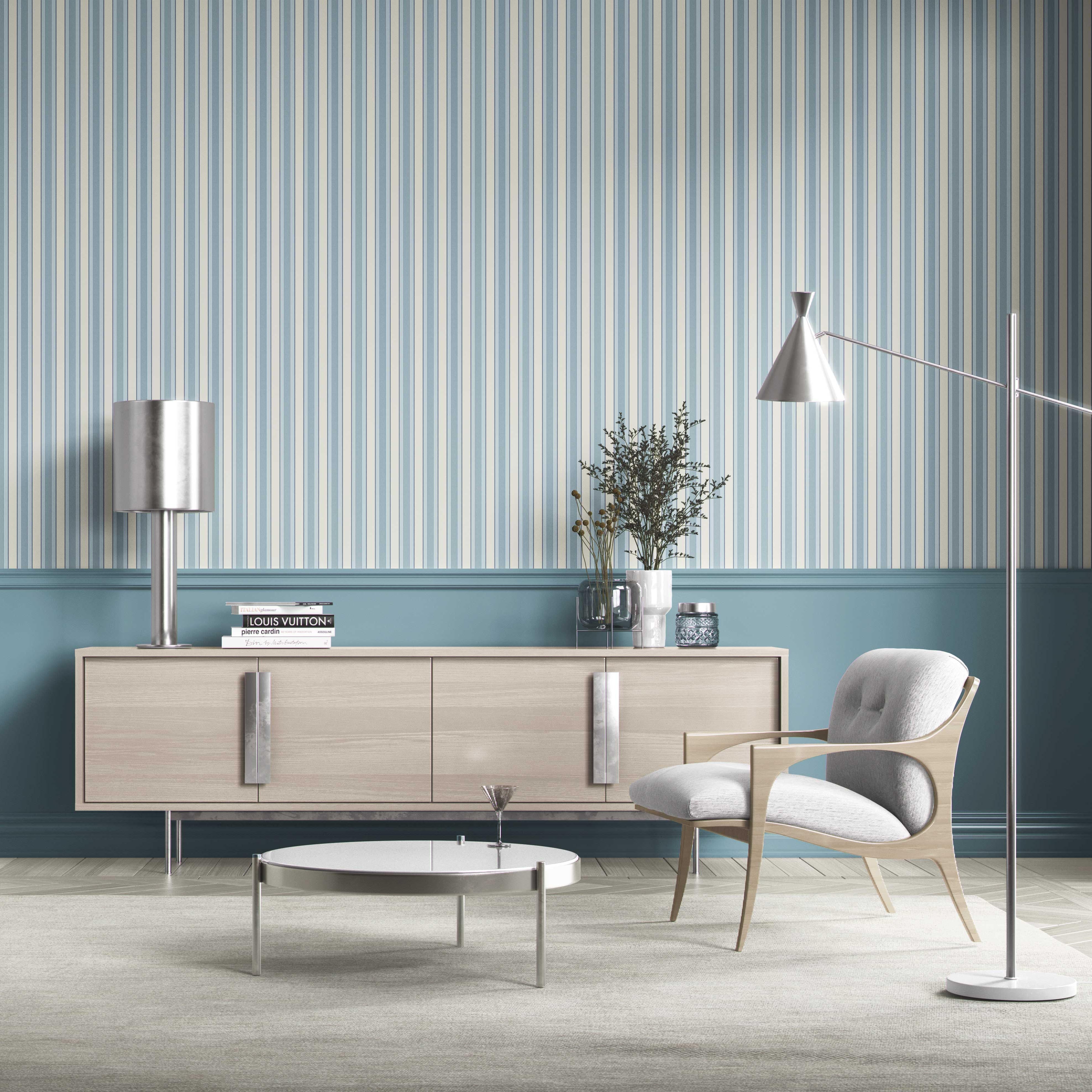 Geometric Striped Shower Toilet Wallpaper (Blue/ Cream)