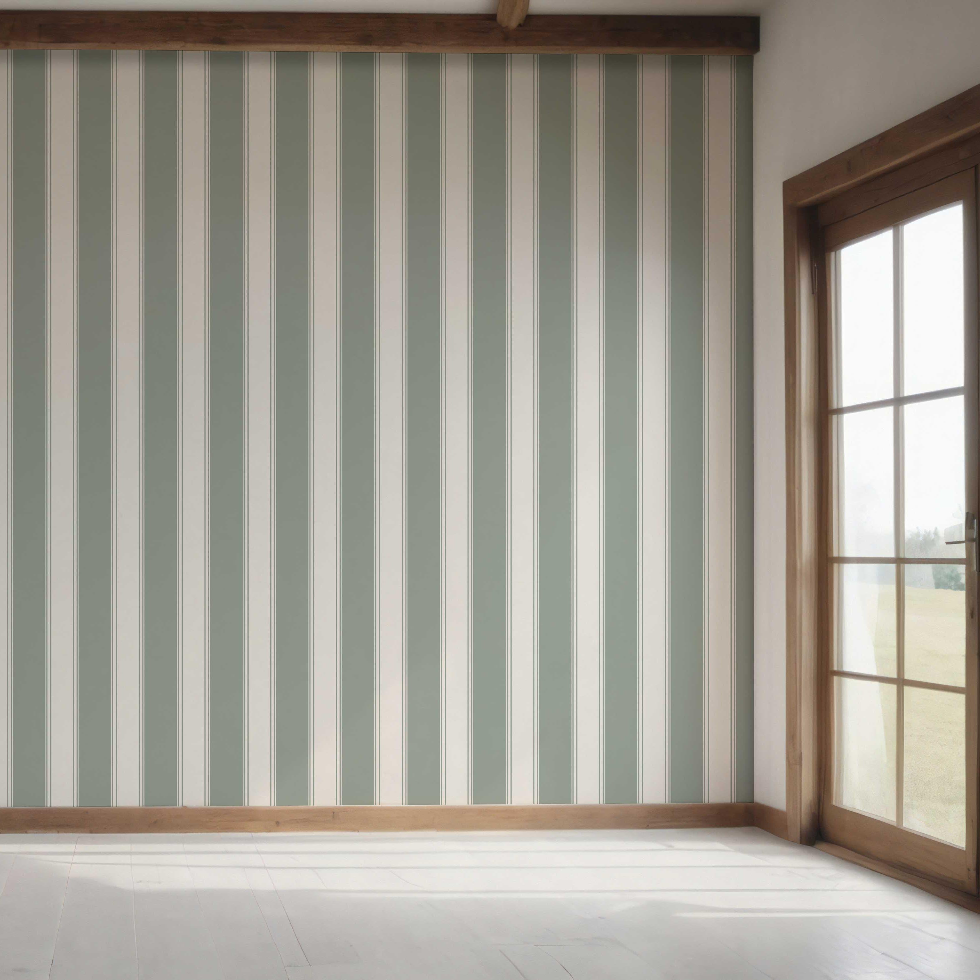 Geometric Striped Bedroom Wallpaper (Sage Green/ Gray)