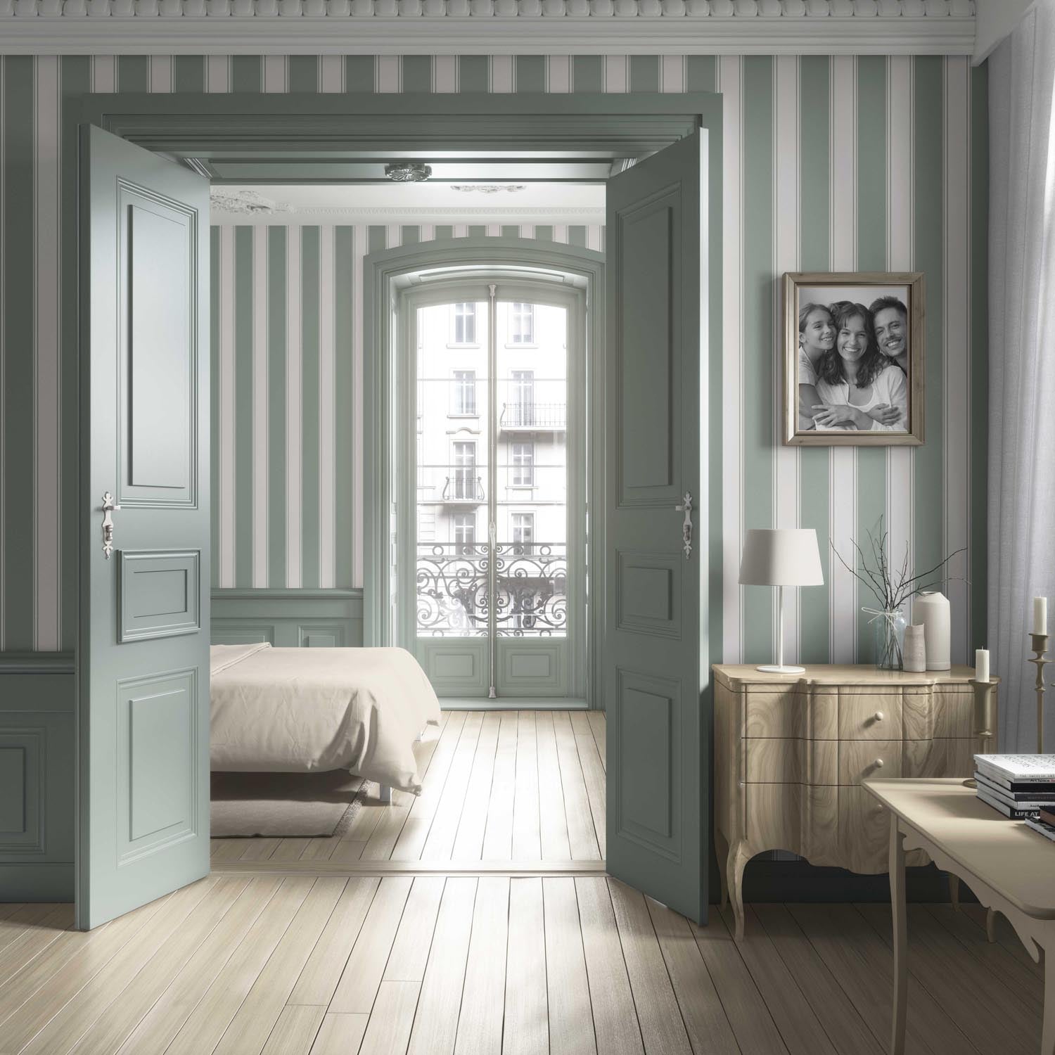 Geometric Striped Living Room Wallpaper (Sage Green/ Gray)