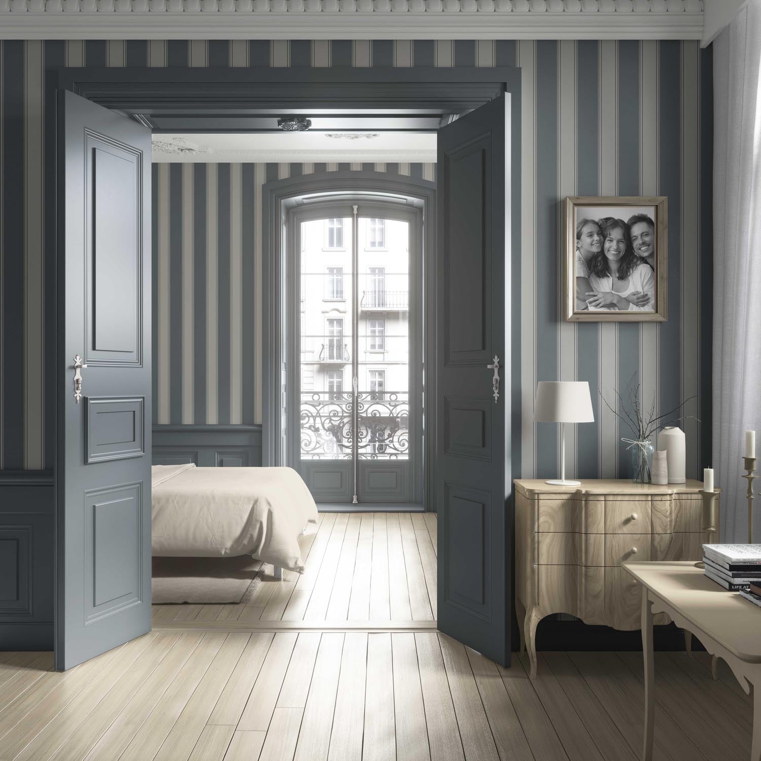 Neutral Geometric Striped Living Room Wallpaper Sample (Slate Gray)