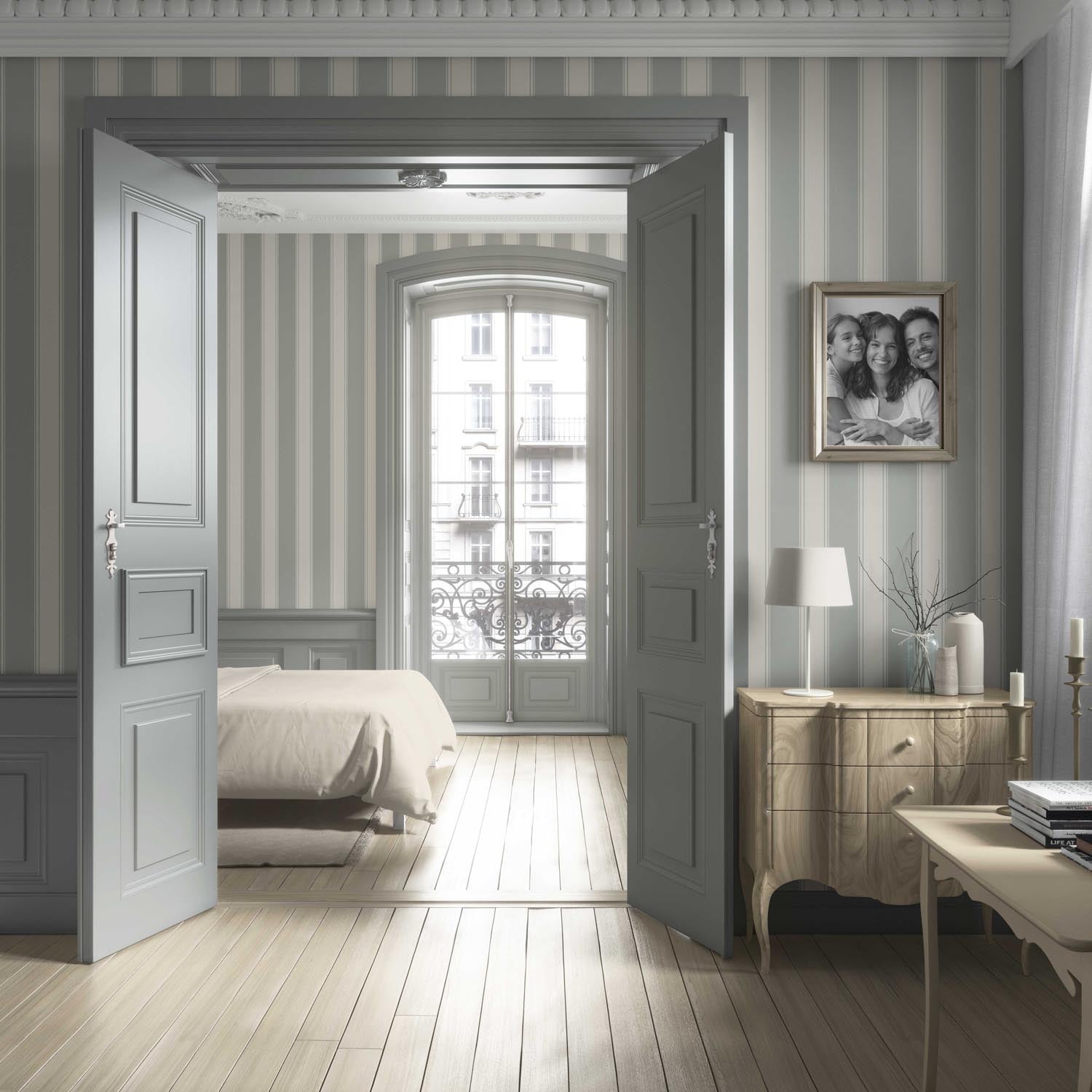 Neutral Geometric Striped Living Room Wallpaper Sample (Sage Gray)
