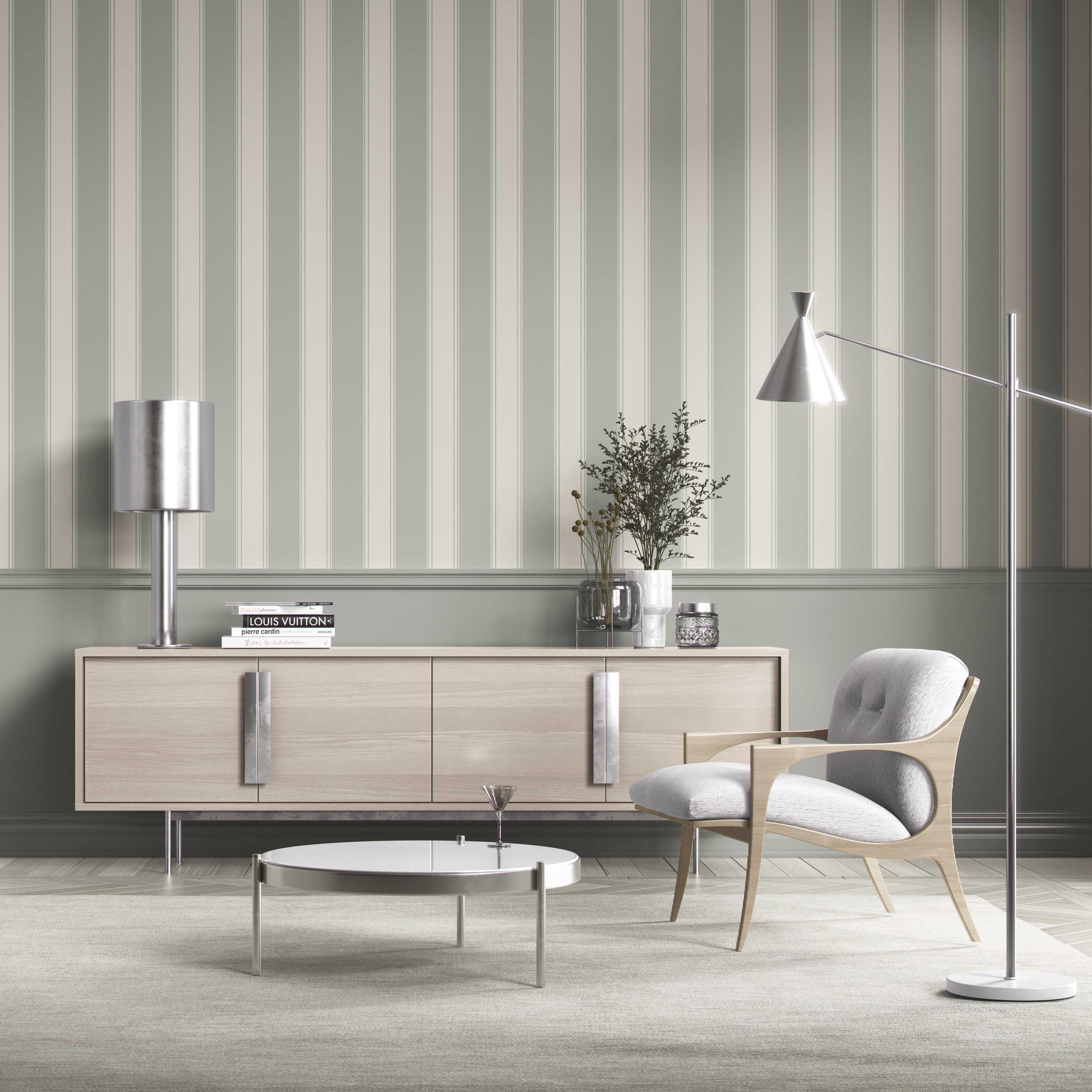 Neutral Geometric Striped Kitchen Wallpaper (Sage Gray)
