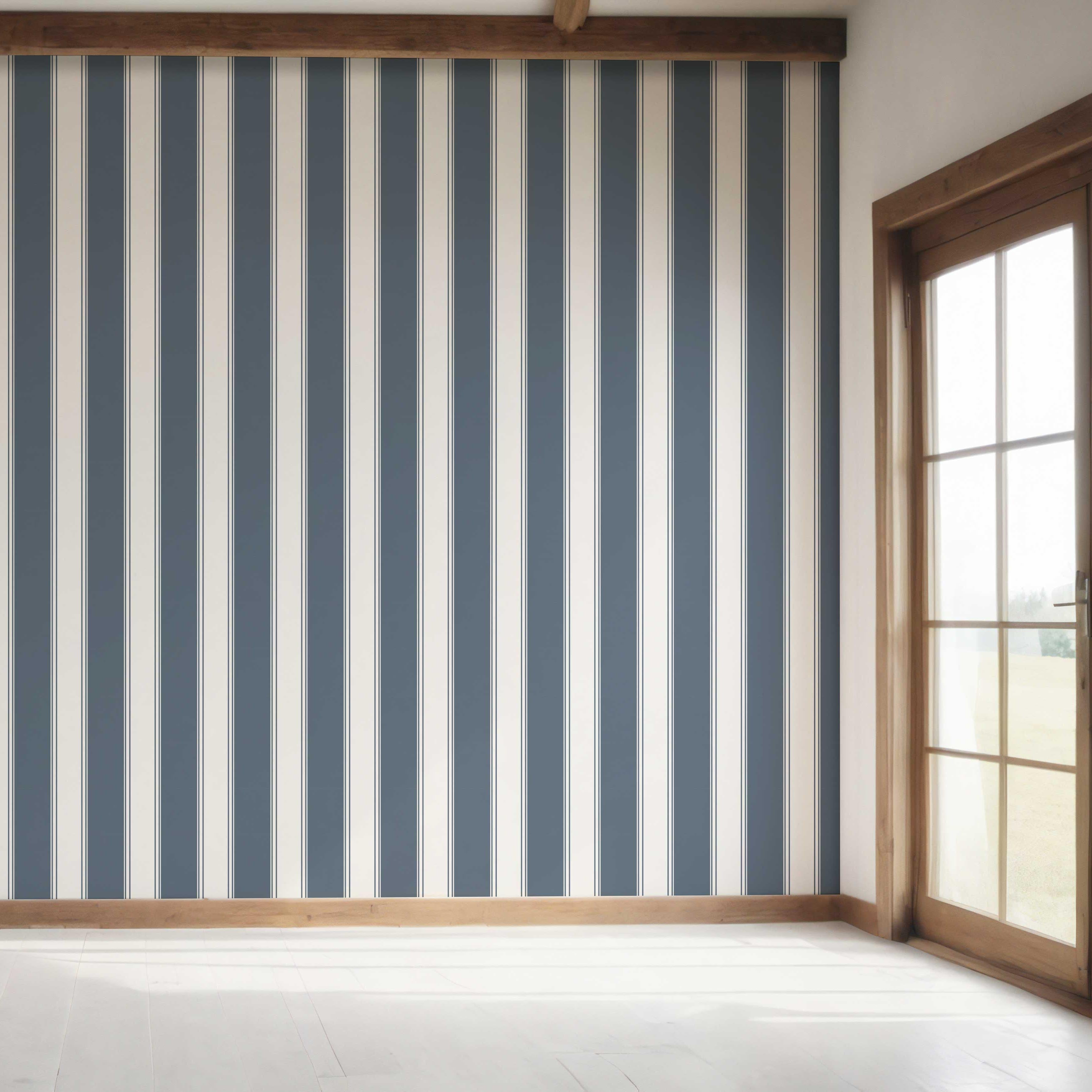 Geometric Striped Bedroom Wallpaper (Navy Blue)