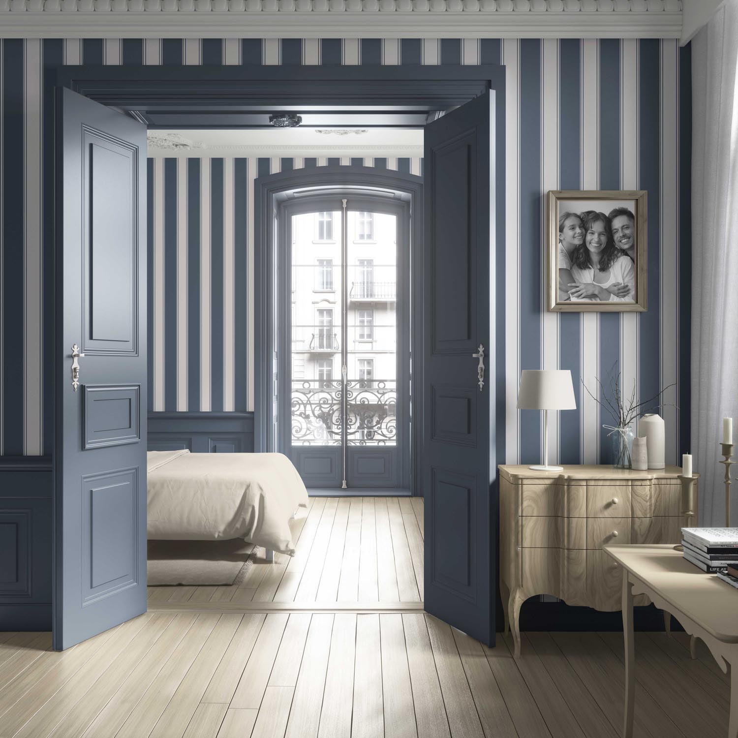 Geometric Striped Living Room Wallpaper (Navy Blue)