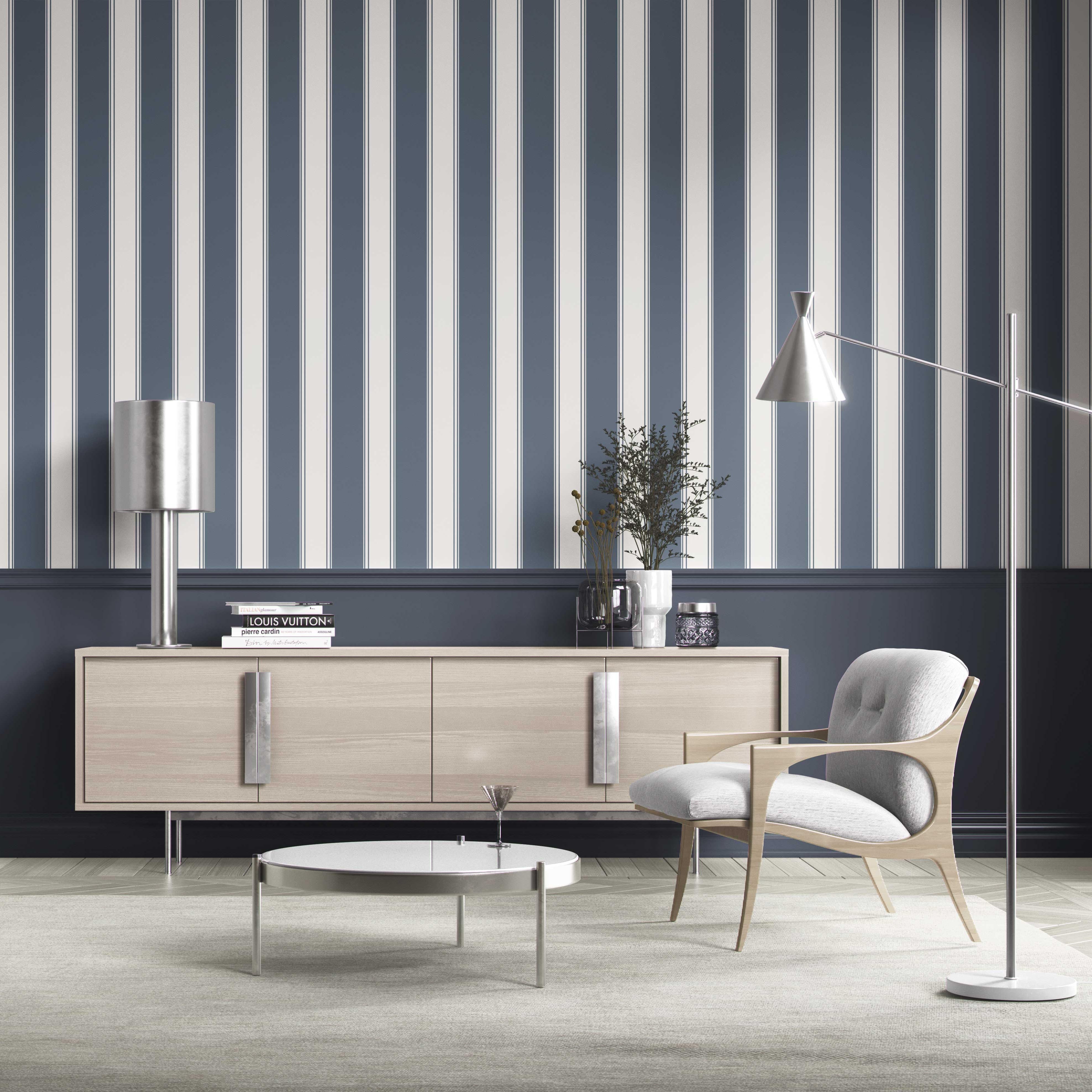 Geometric Striped Shower Toilet Wallpaper (Navy Blue)