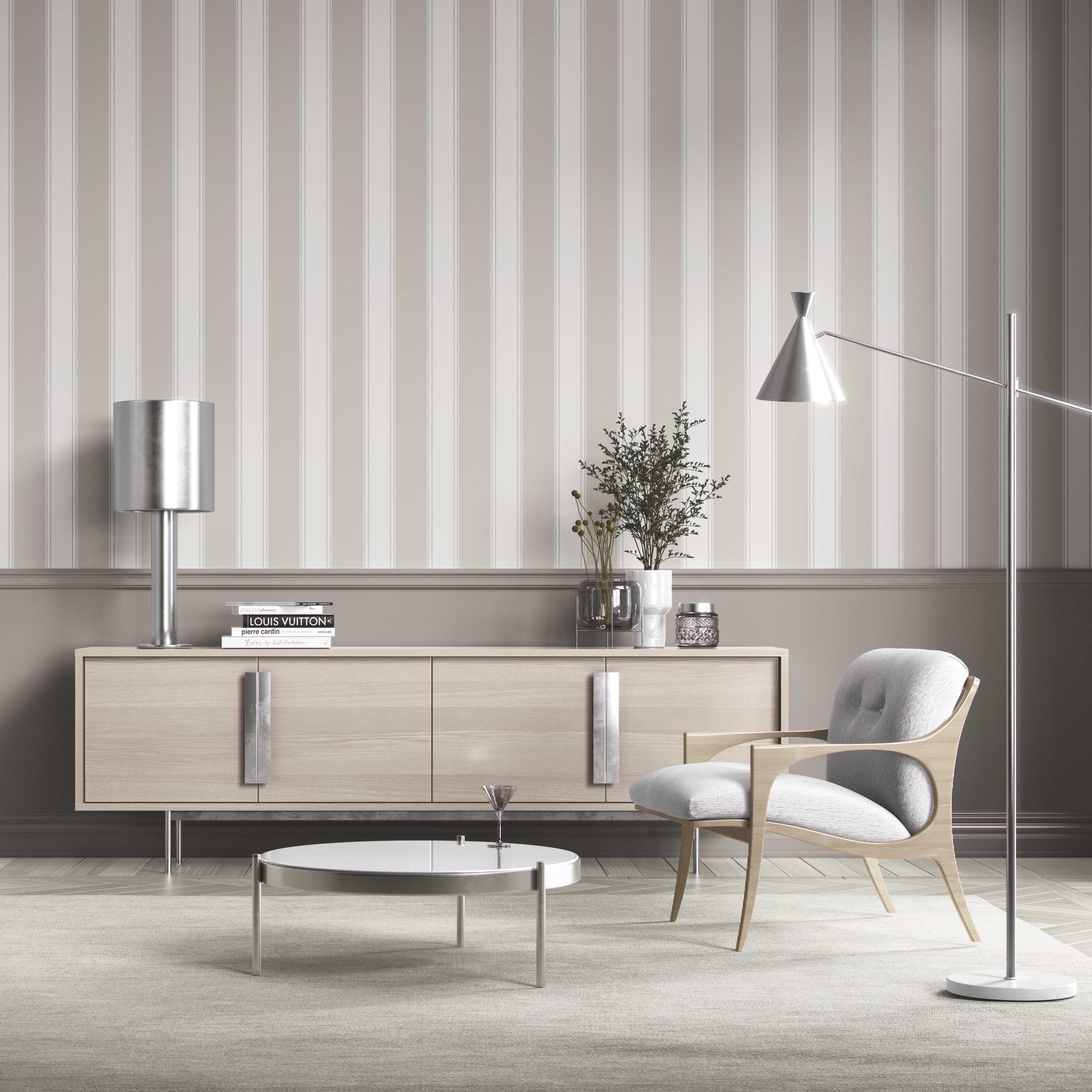 Neutral Geometric Striped Kitchen Wallpaper Sample (Greige/ Warm Gray)