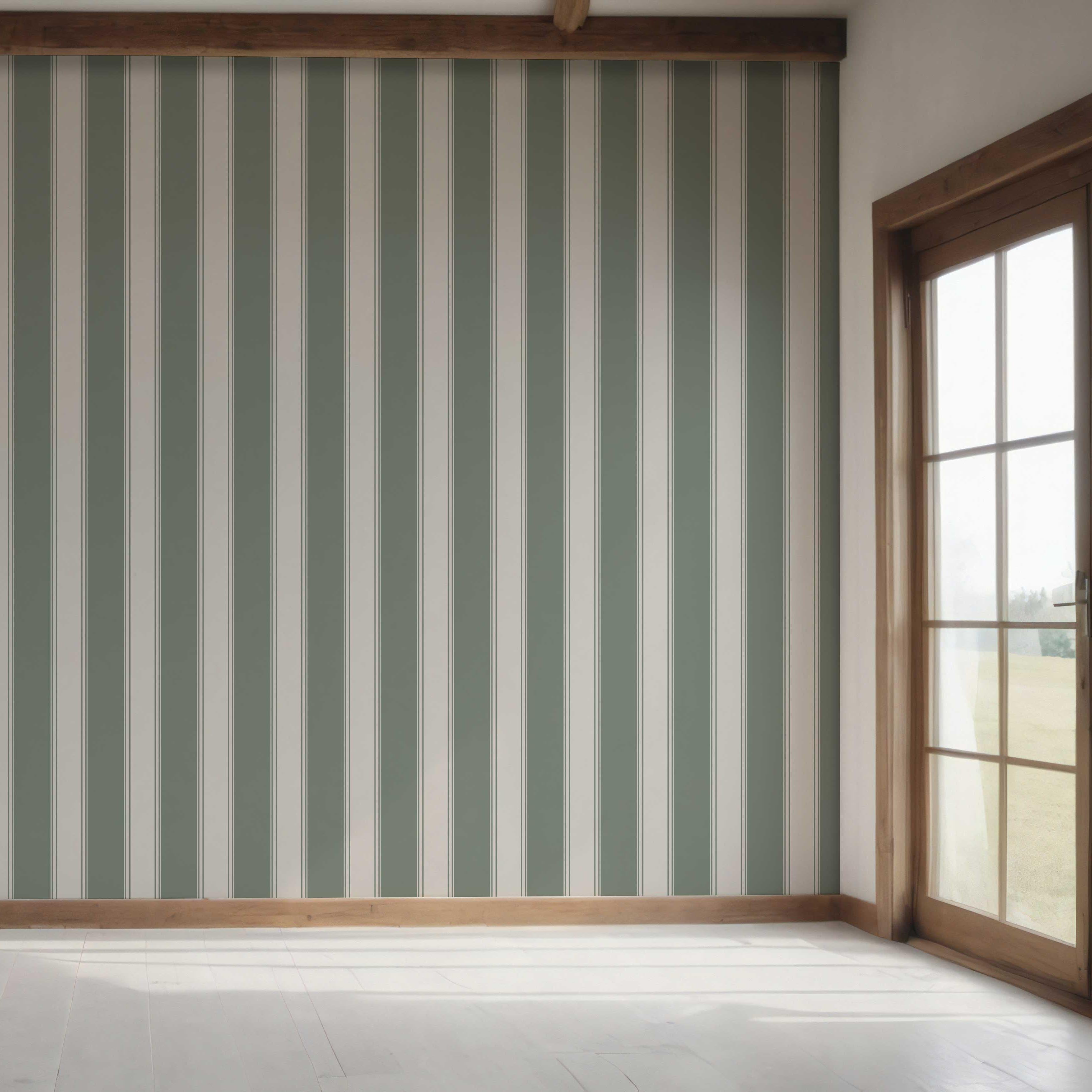 Geometric Striped Bedroom Wallpaper (Sage Green)