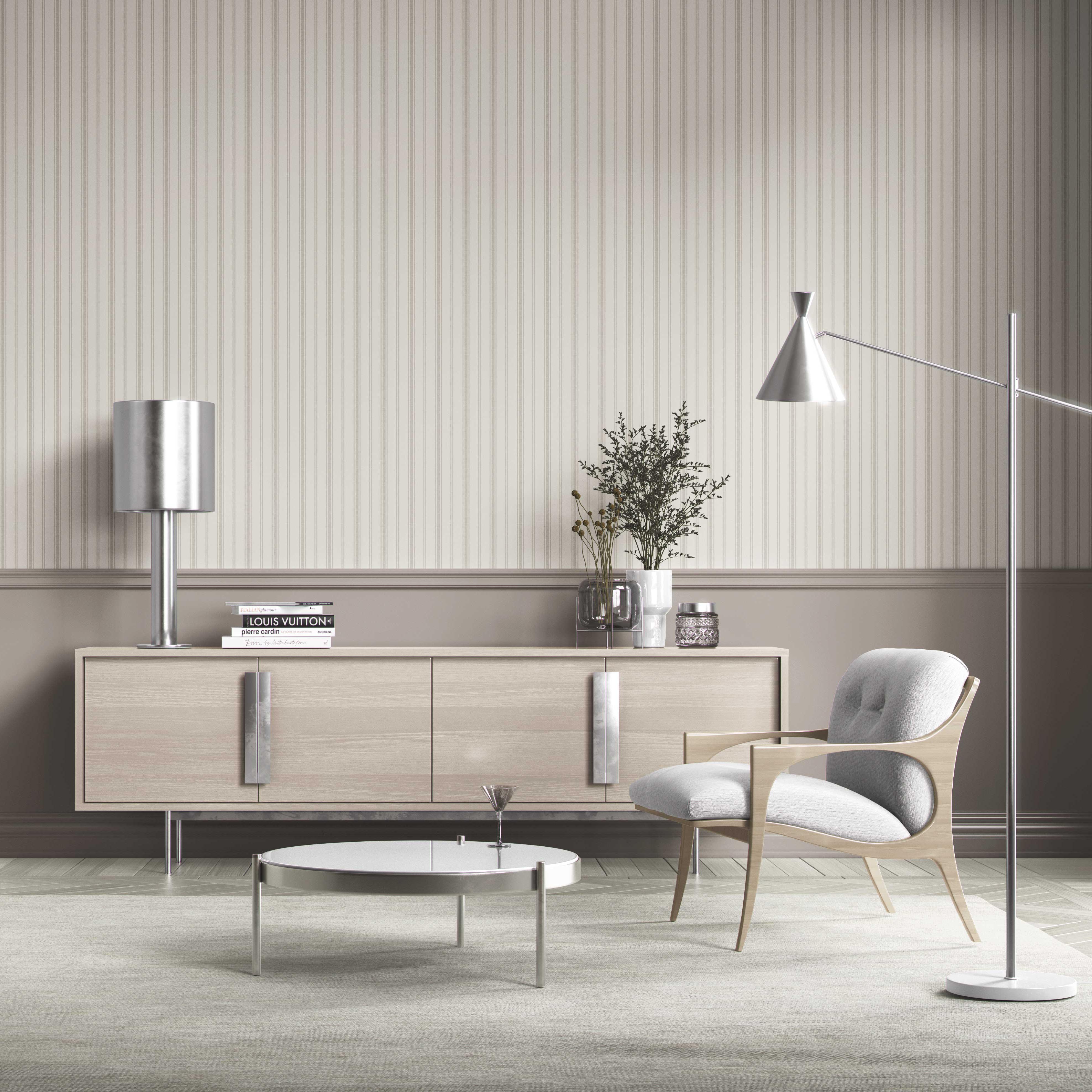 Neutral Geometric Striped Bathroom Wallpaper (Cream/ Beige/ Gray)