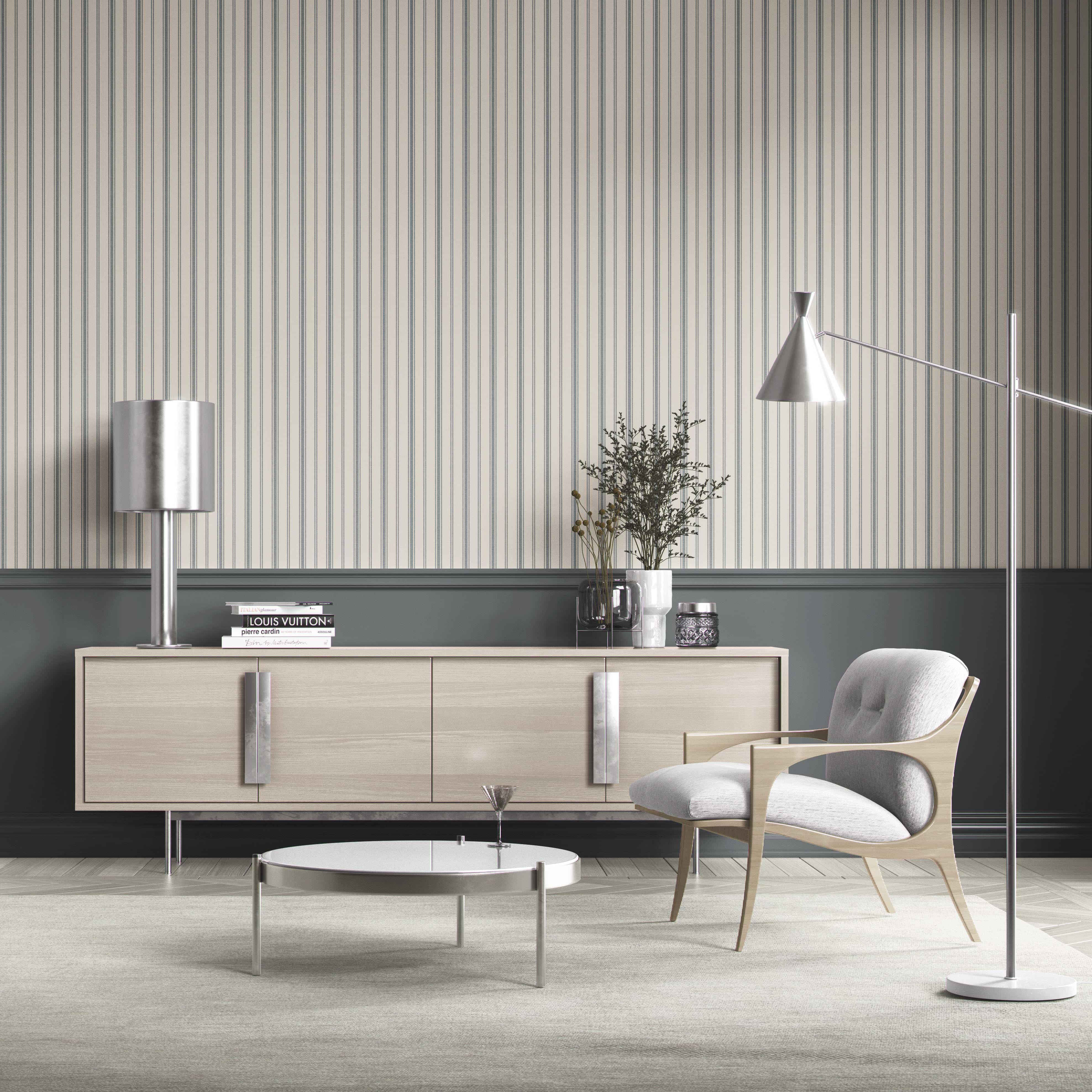 Neutral Geometric Striped Bathroom Wallpaper (Ash Gray/ Cream)