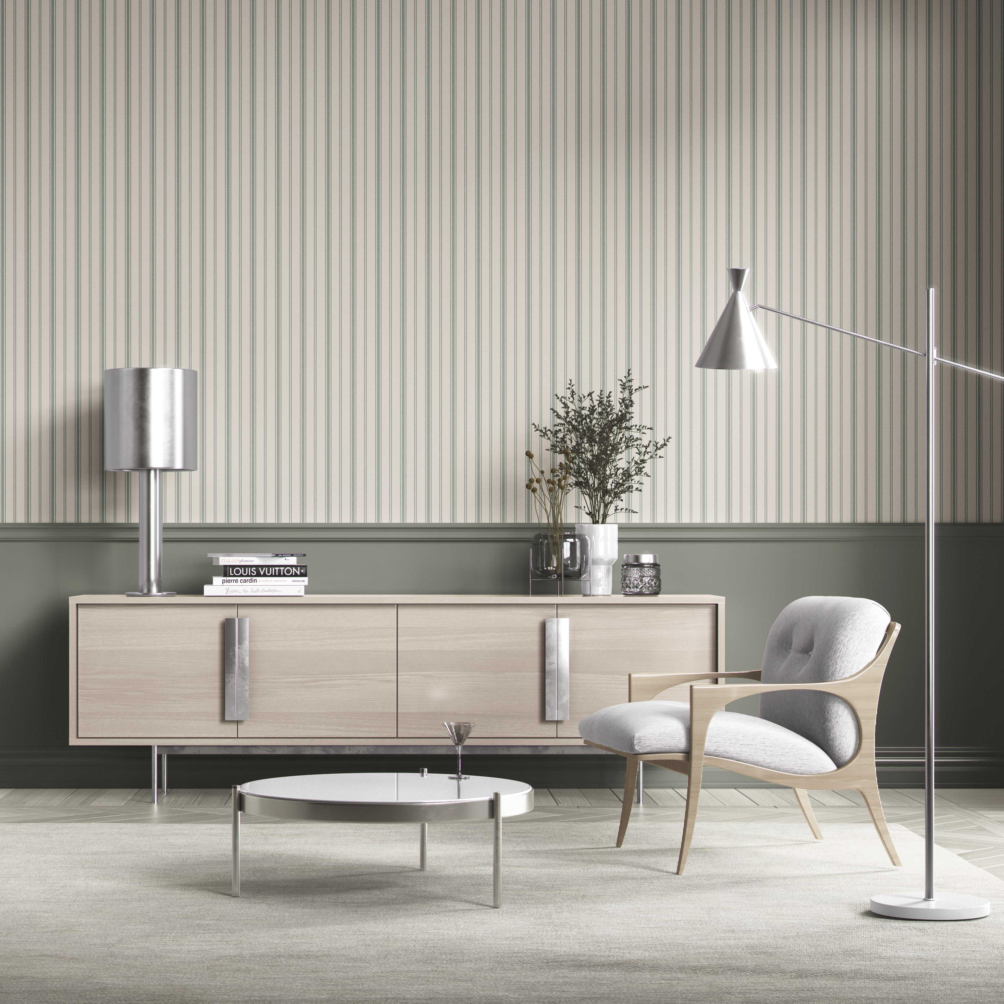 Geometric Striped Bathroom Wallpaper Sample (Sage Green/ Cream)