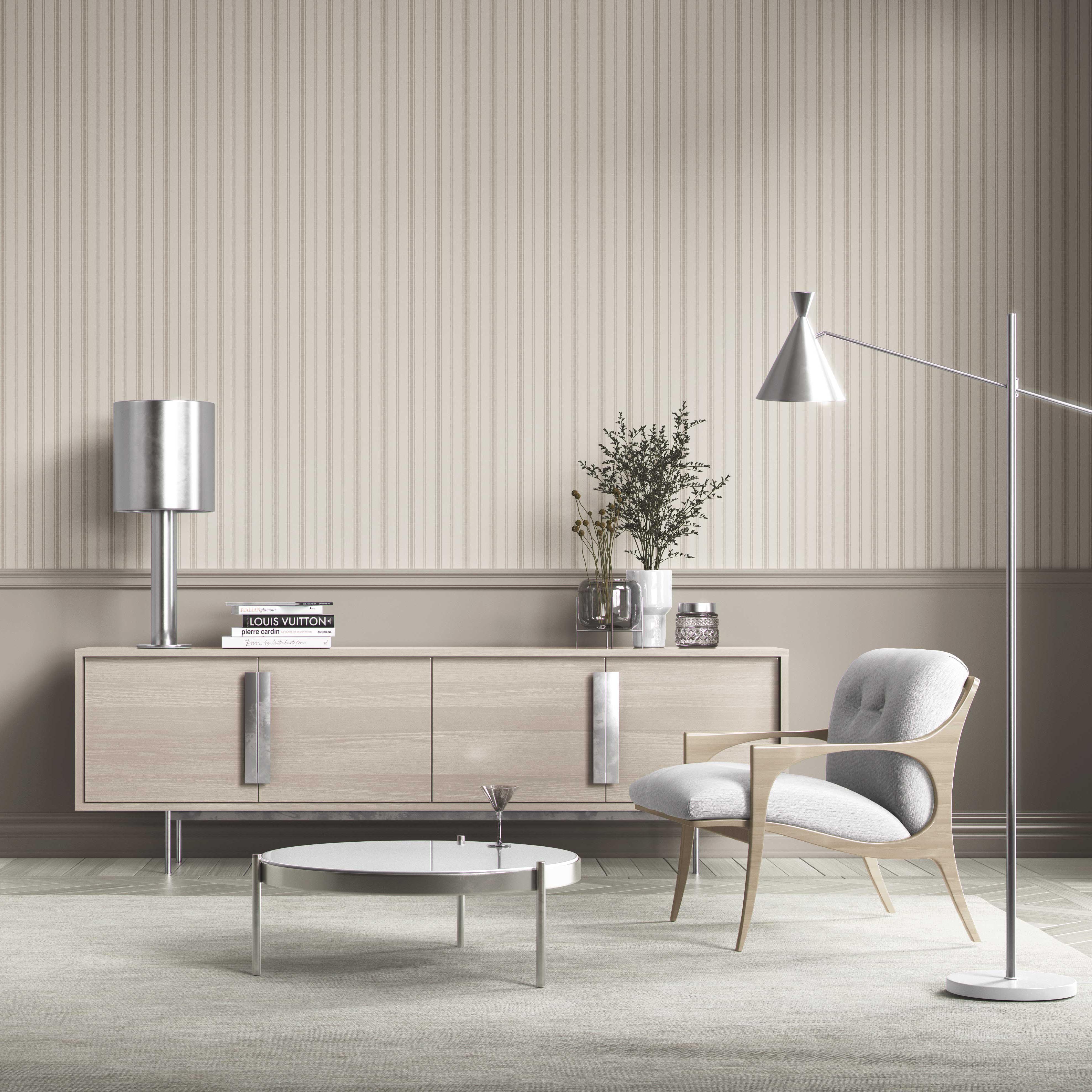Neutral Geometric Striped Bathroom Wallpaper (Beige/ Greige/ Taupe)