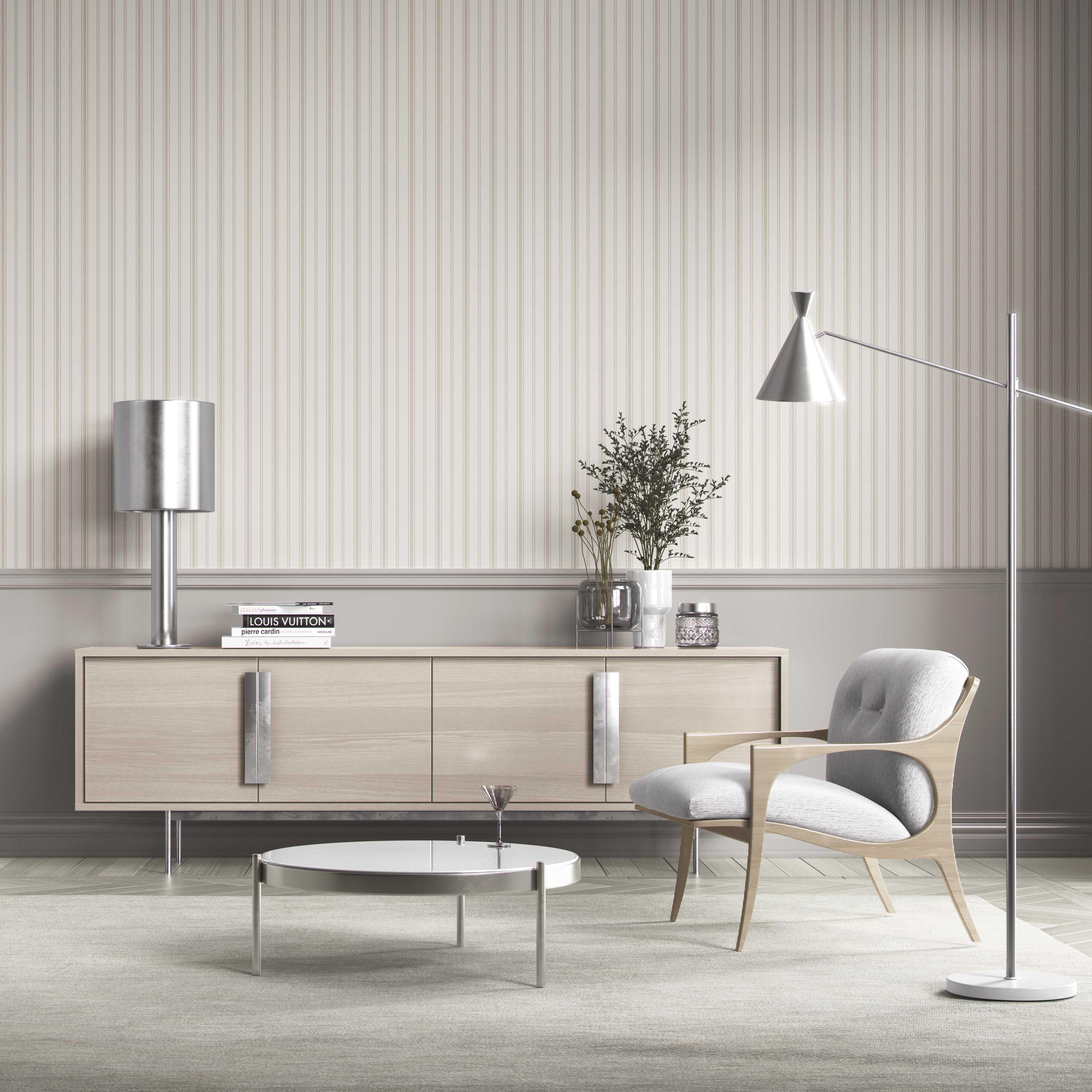 Neutral Geometric Striped Bathroom Wallpaper Sample (Greige/ Taupe Gray)