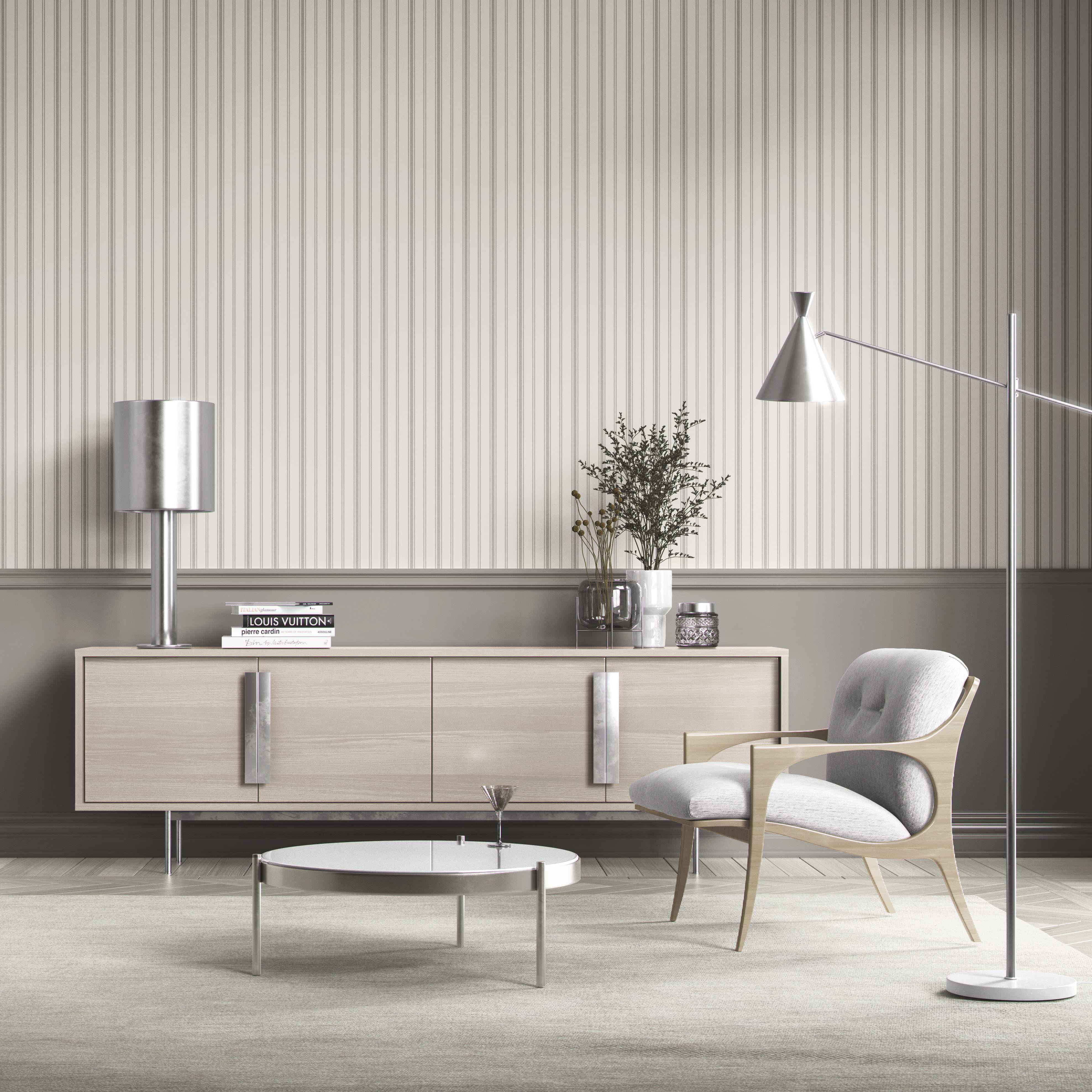 Neutral Geometric Striped Bathroom Wallpaper Sample (Stone Gray/ Cream)