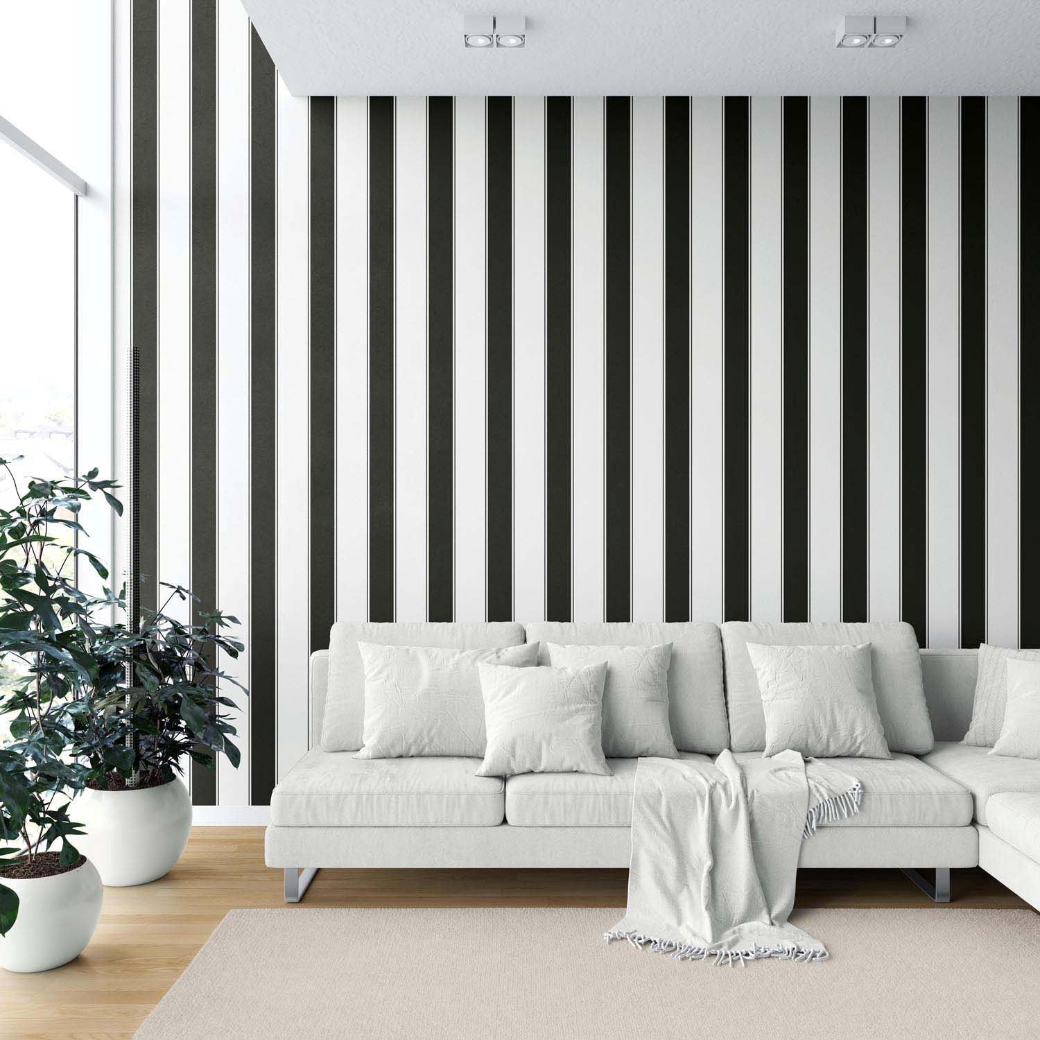 Neutral-Toned Scandi-Inspired Striped Kitchen Wallpaper Sample (Black & White)