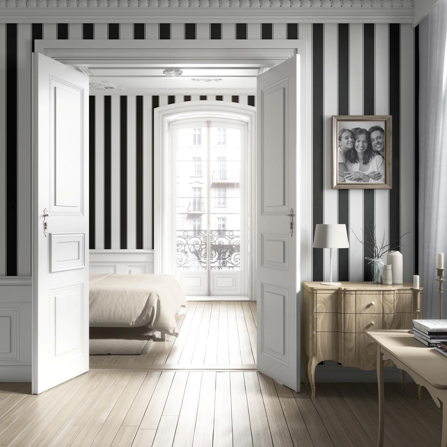 Neutral-Toned Scandi-Inspired Striped Living Room Wallpaper Sample (Black & White)