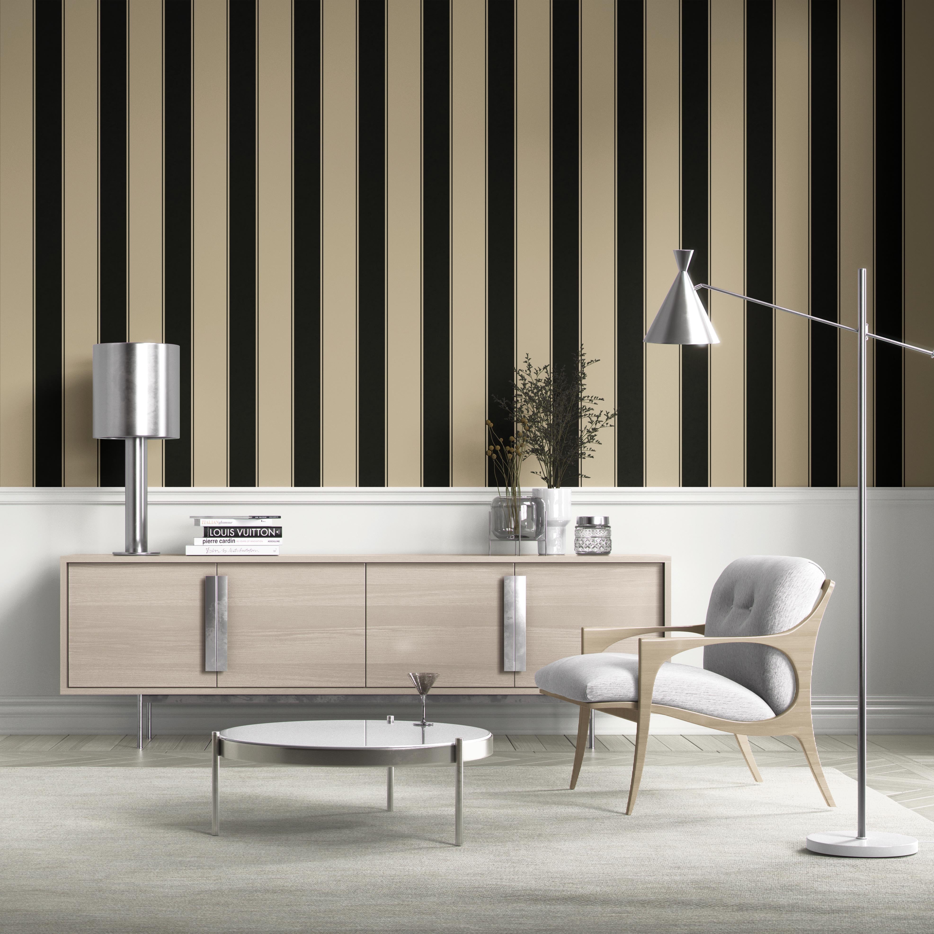 Neutral-Toned Scandi-Inspired Striped Kitchen Wallpaper Sample (Black/ Brown/ Beige)