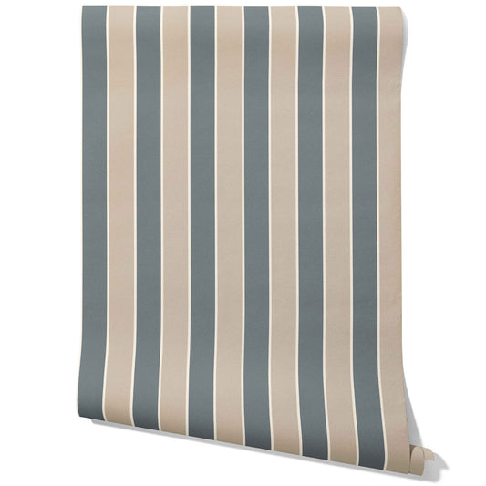 Neutral Geometric Striped Traditional Wallpaper Sample (Stone Blue/ Beige)