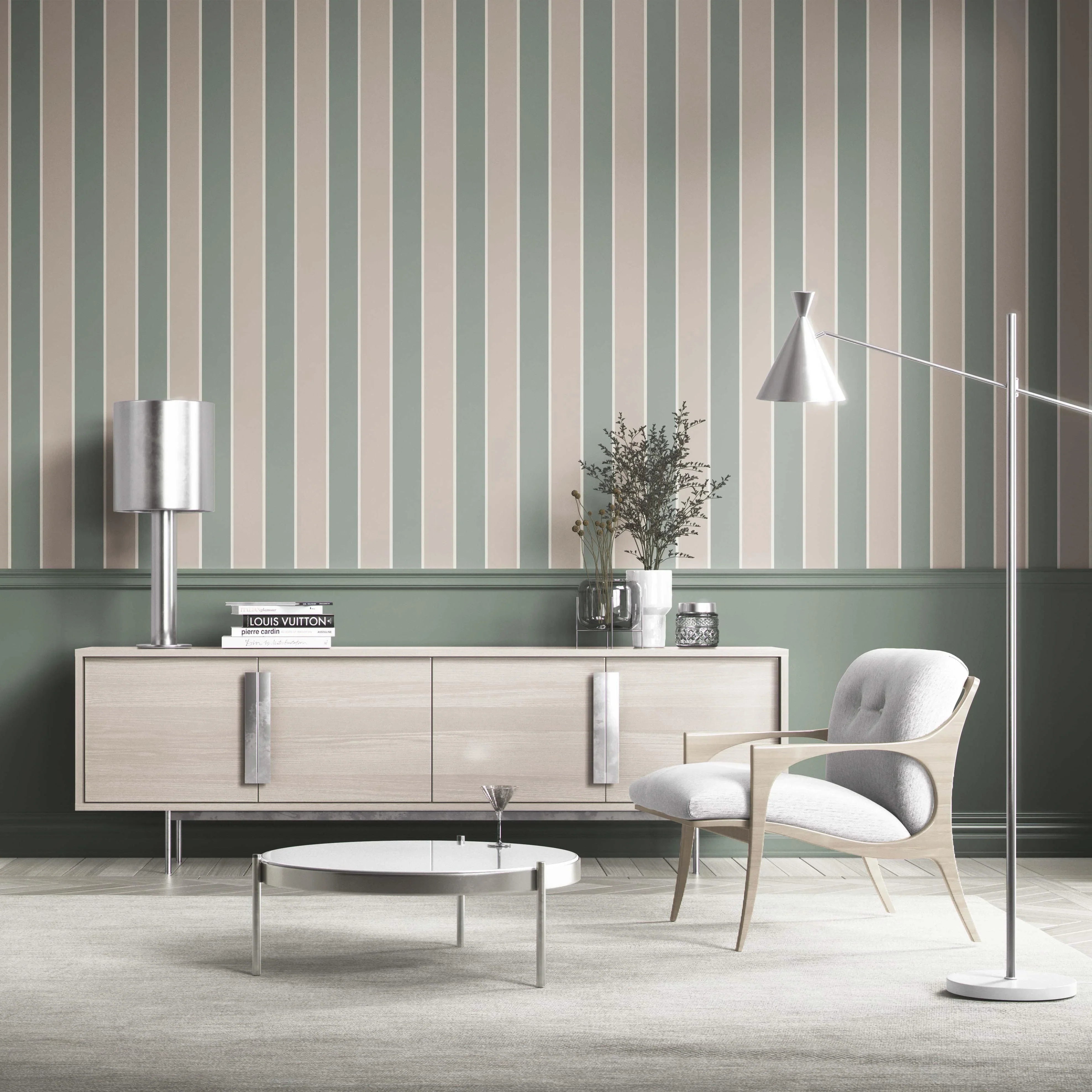 Geometric Striped Bathroom Wallpaper Sample (Green / Beige)