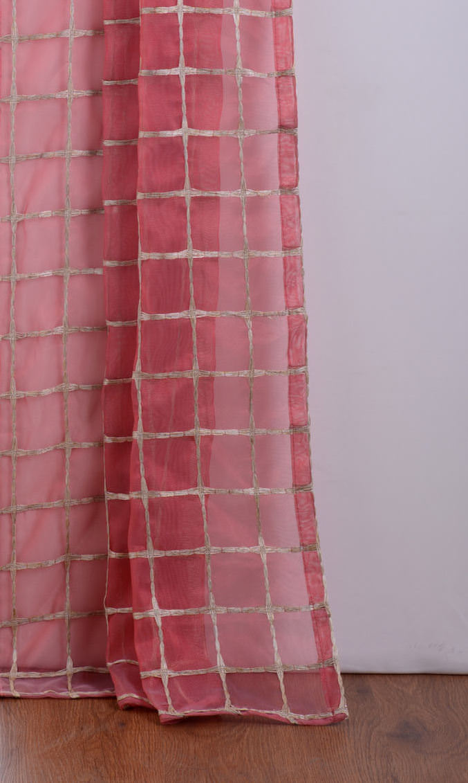 Checked Sheer Curtains / Drapes / Window Drapery Panels (Coral Red/ Pink/ Gold)
