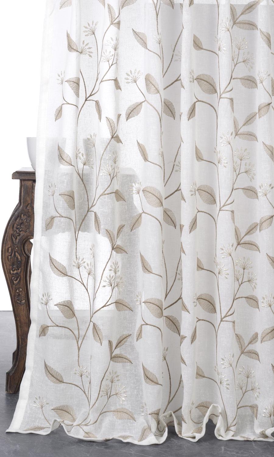Floral Sheer Home Décor Fabric By the Yard (White/ Brown)