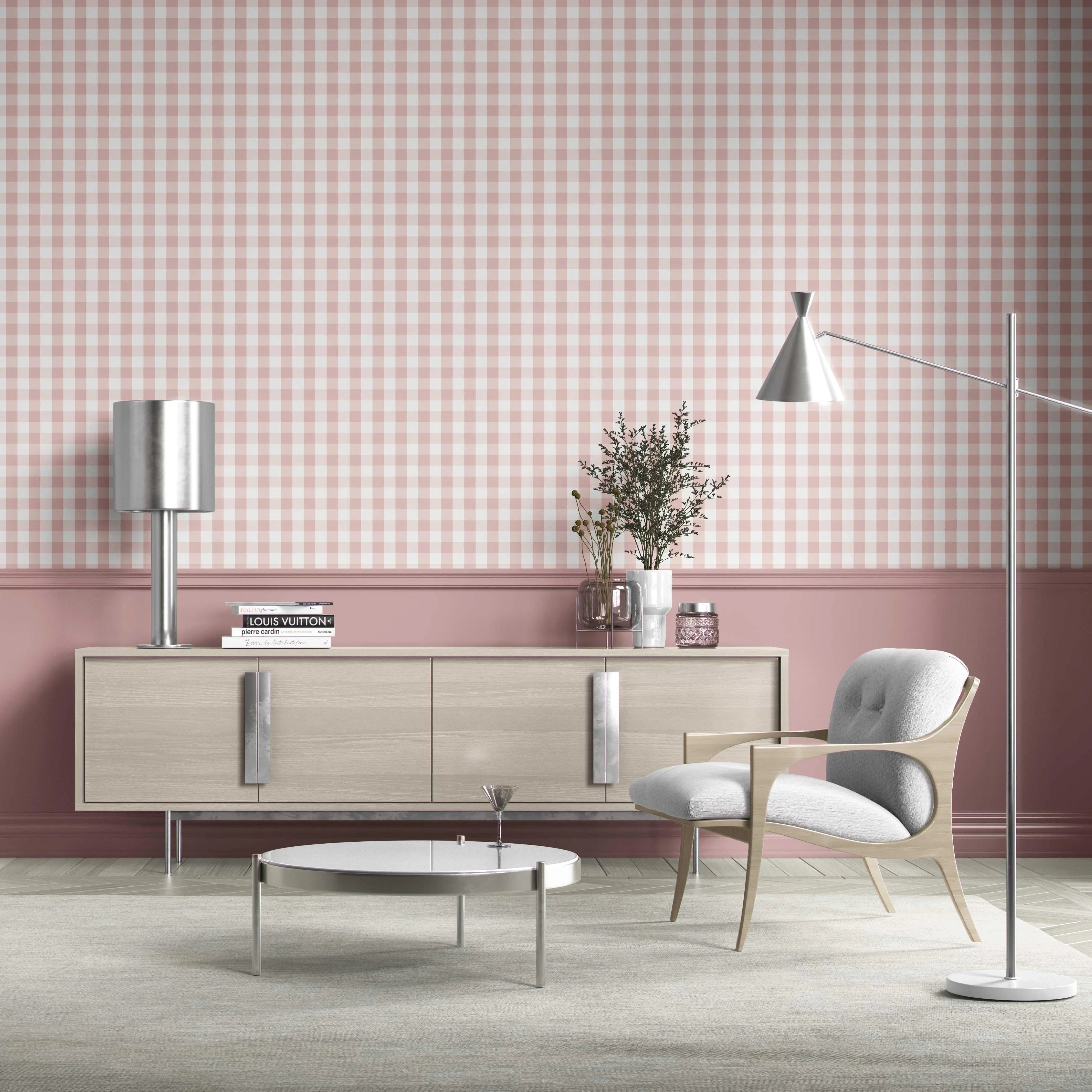 Geometric Gingham Living Room Wallpaper (Pink)