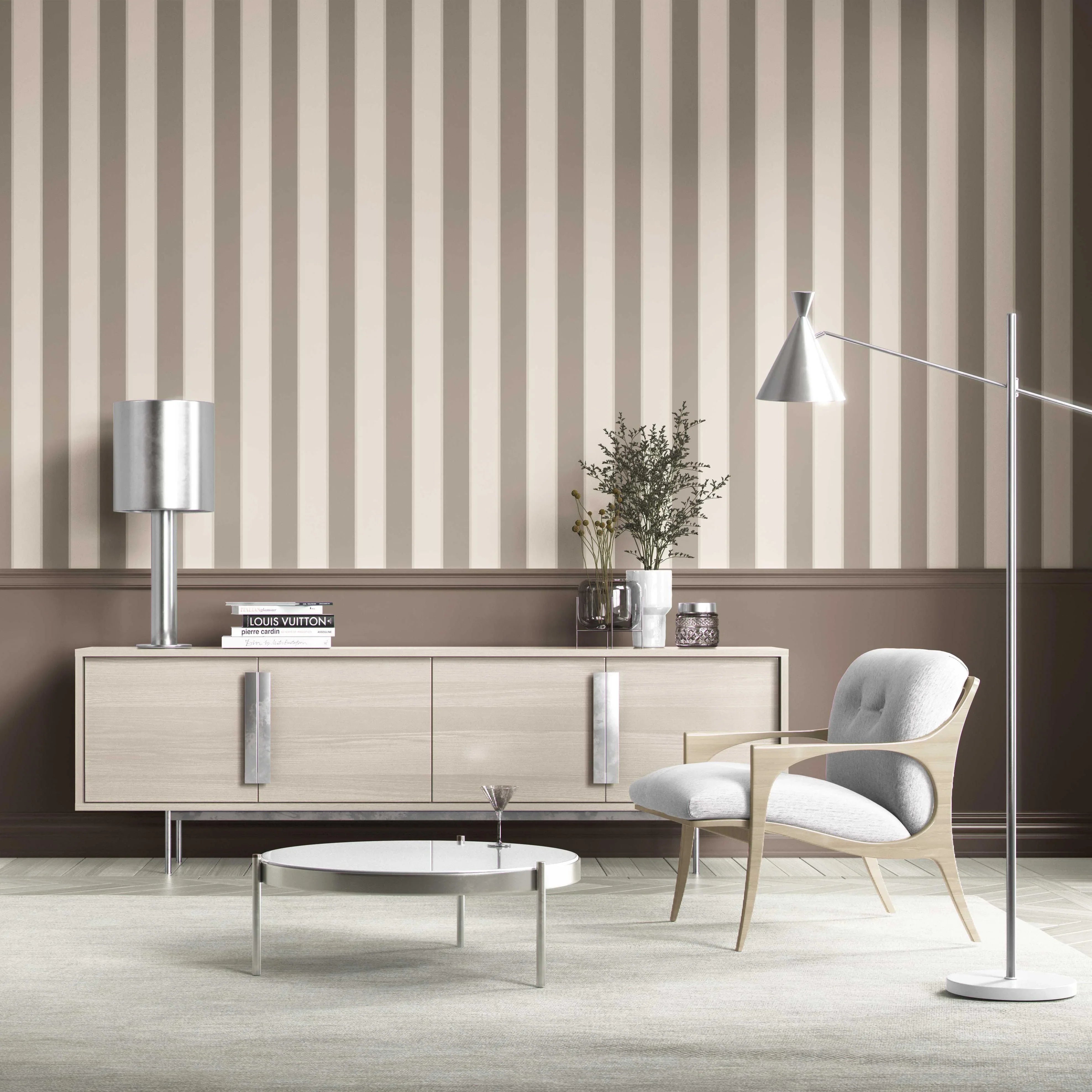Neutral Geometric Striped Shower Toilet Wallpaper (Cream/ Taupe Grey/ Brown)