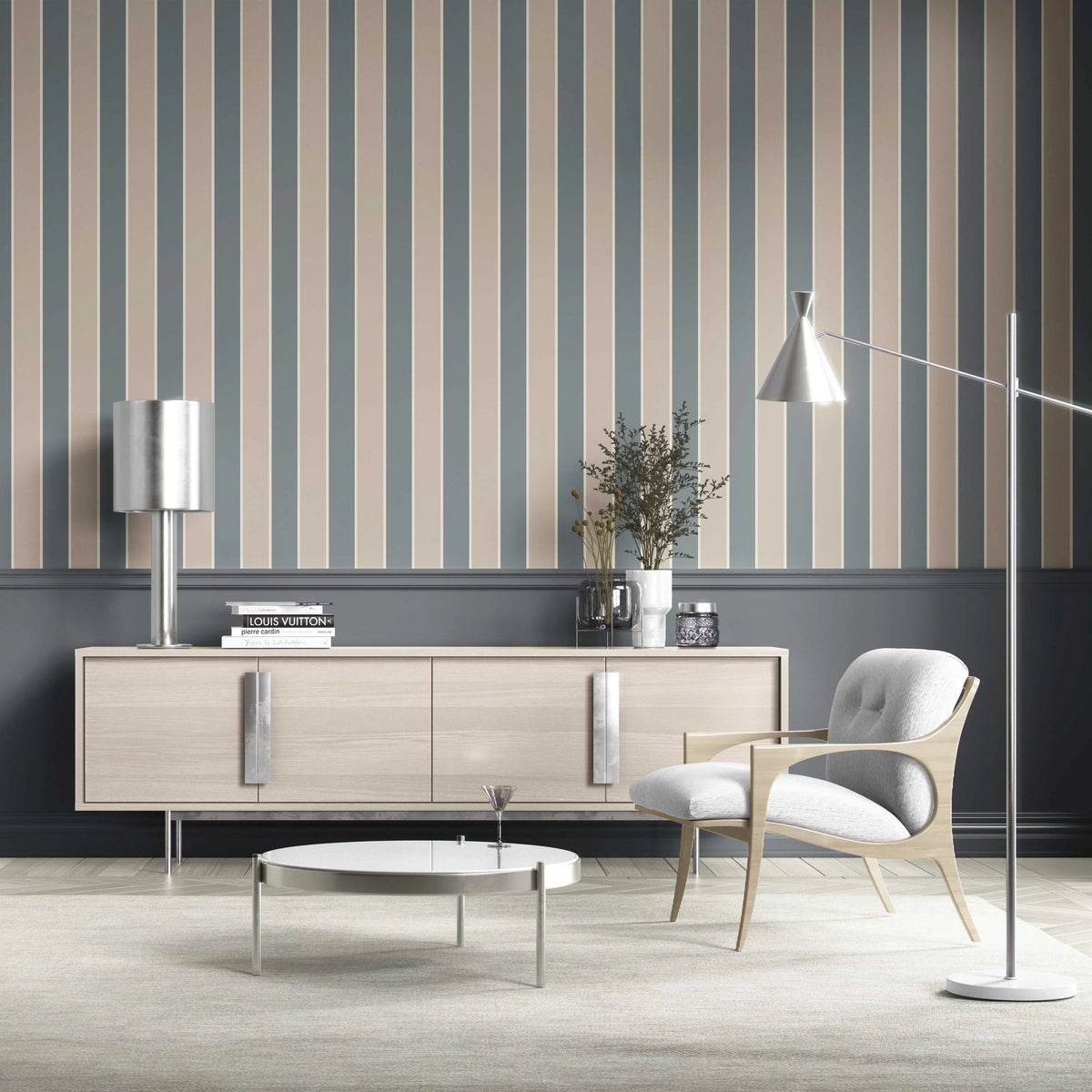 Neutral Geometric Striped Bathroom Wallpaper Sample (Stone Blue/ Beige)