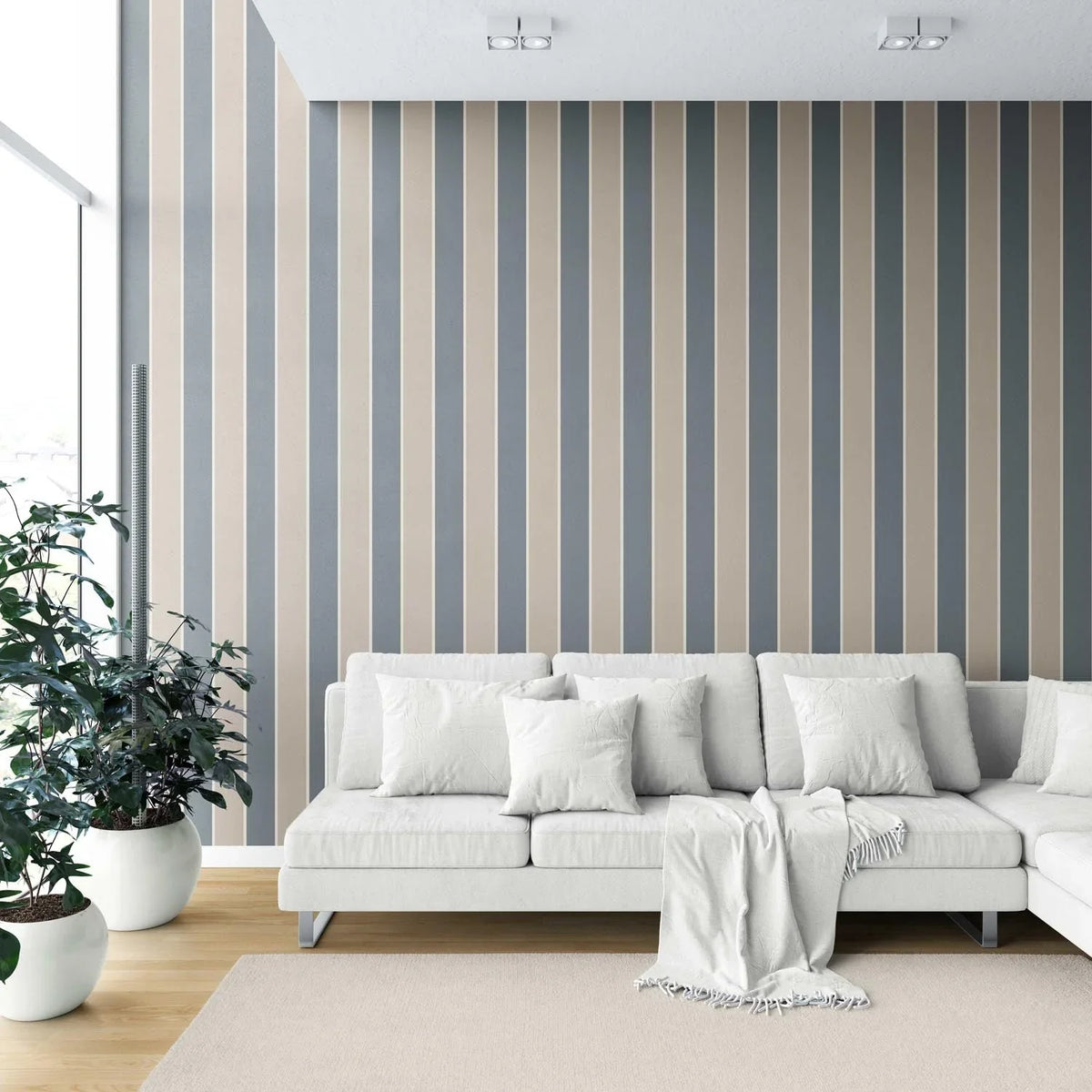 Neutral Geometric Striped Shower Toilet Wallpaper (Stone Blue/ Beige)