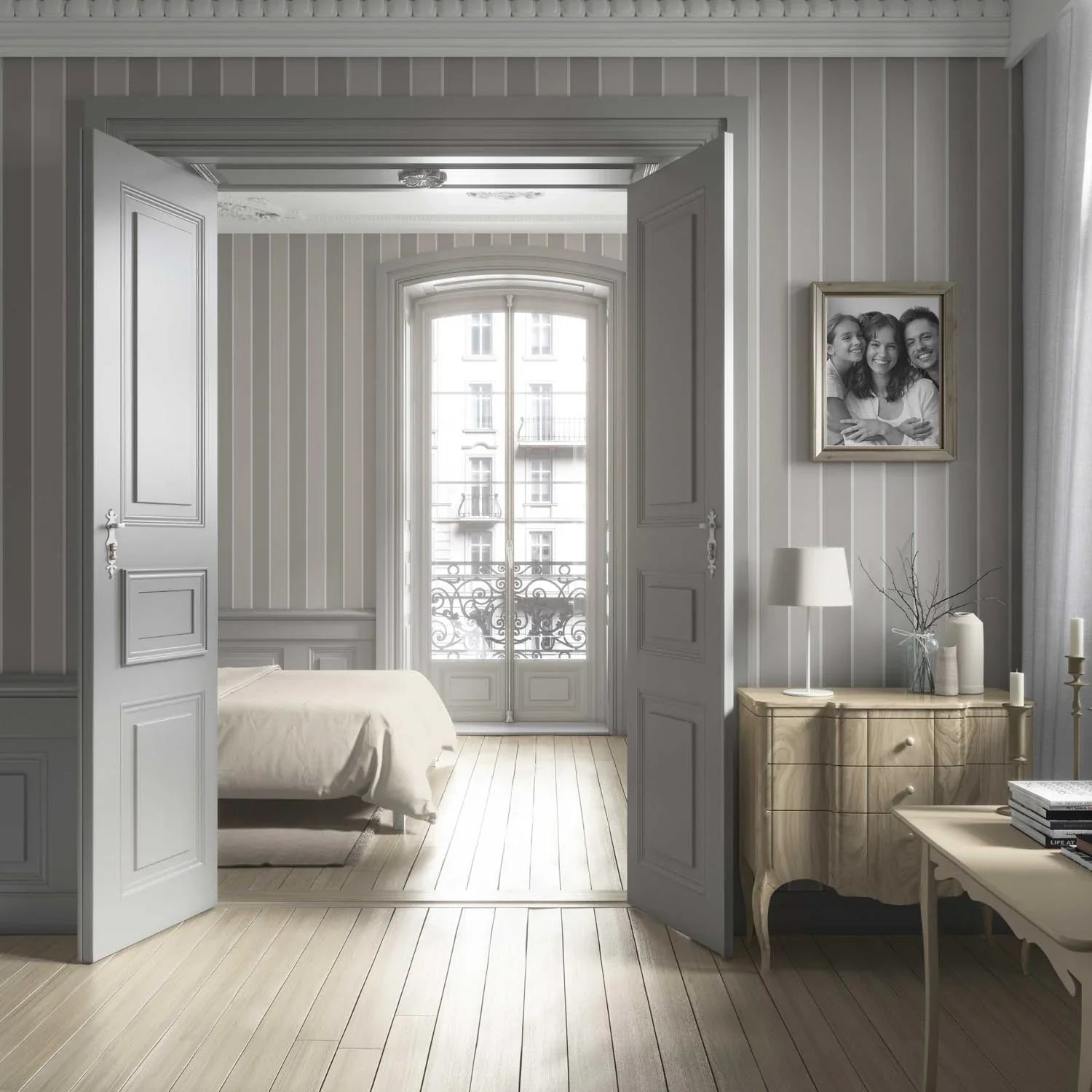 Neutral Geometric Striped Bathroom Wallpaper Sample (Grey/ Beige/ Taupe)