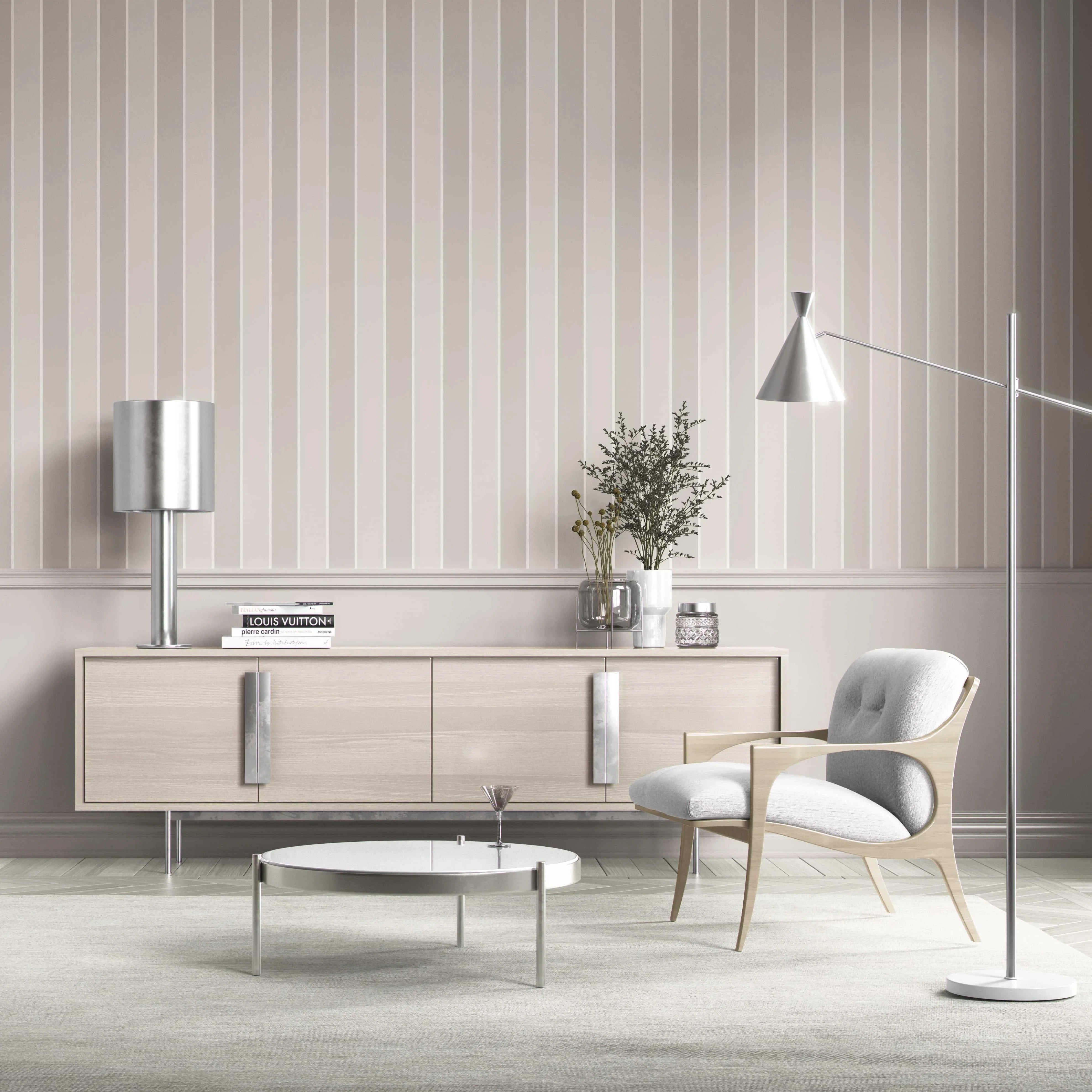 Neutral Geometric Striped Kitchen Wallpaper Sample (Beige/ Greige/ Taupe)